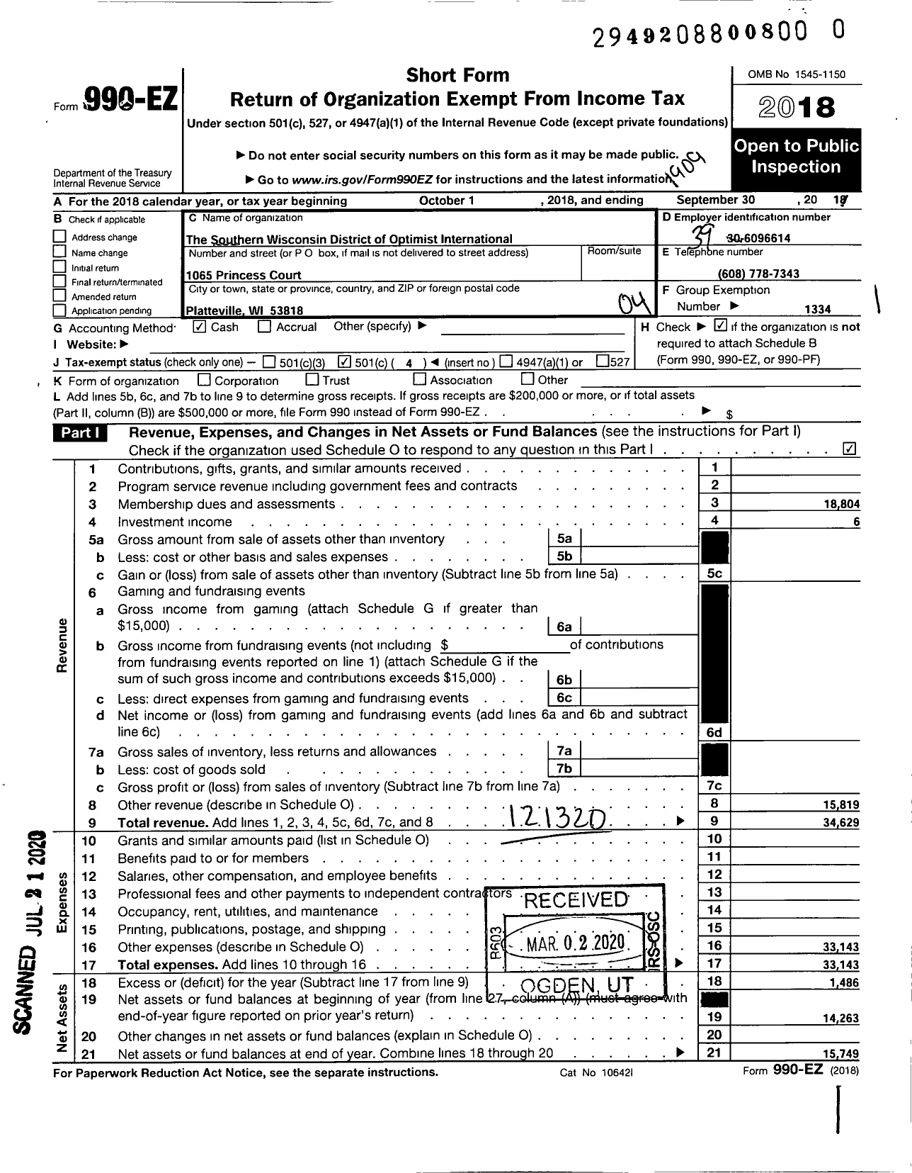 Image of first page of 2018 Form 990EO for Optimist International - 09999 Southern Wisconsin District