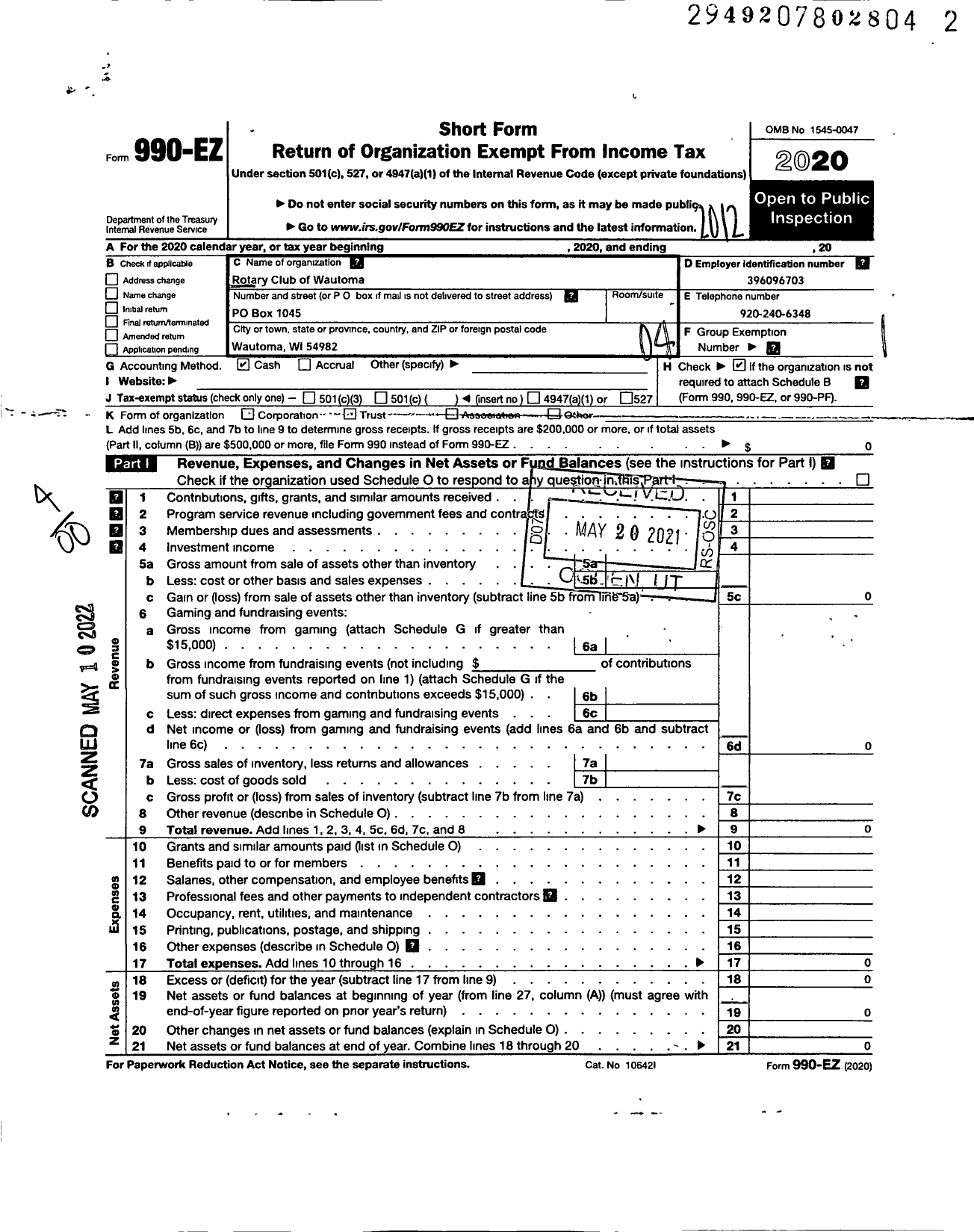 Image of first page of 2020 Form 990EO for Rotary International - Wautoma Rotary Club