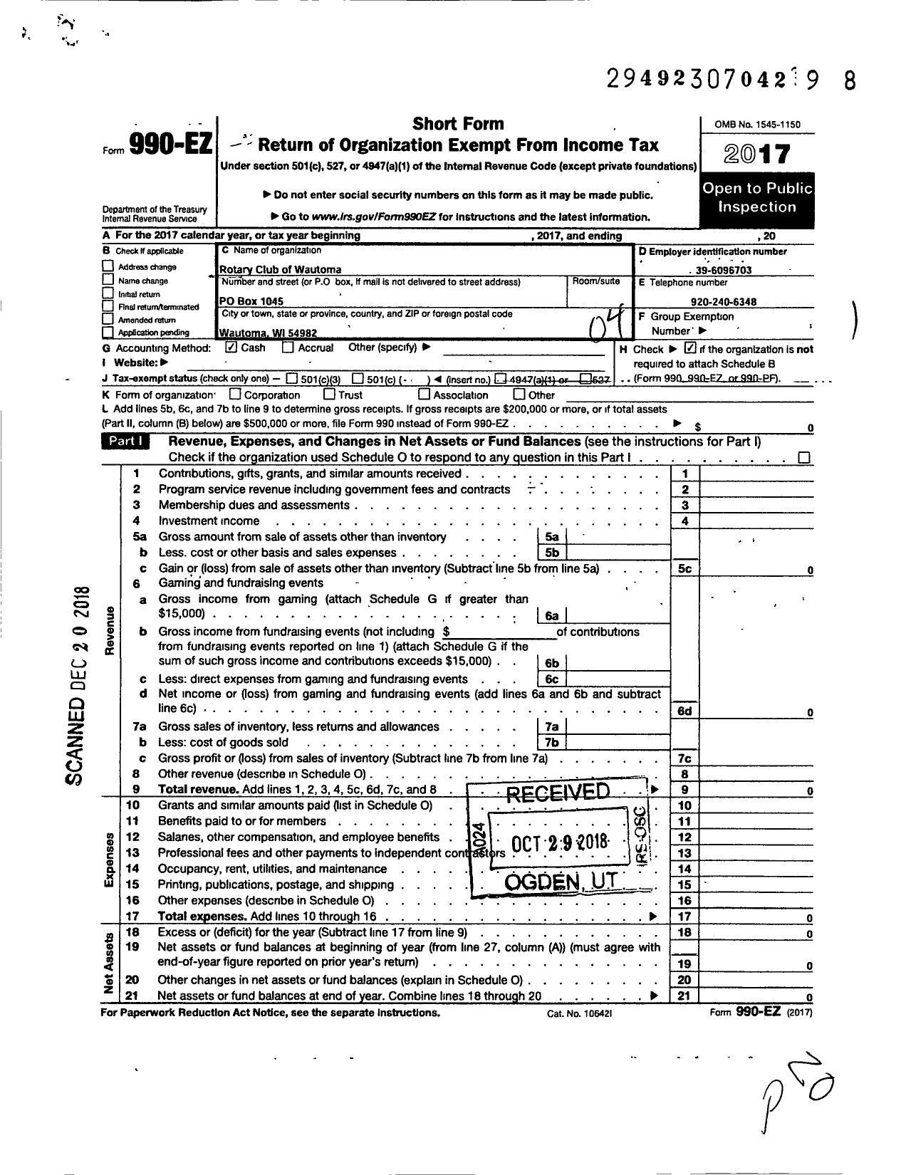 Image of first page of 2017 Form 990EO for Rotary International - Wautoma Rotary Club