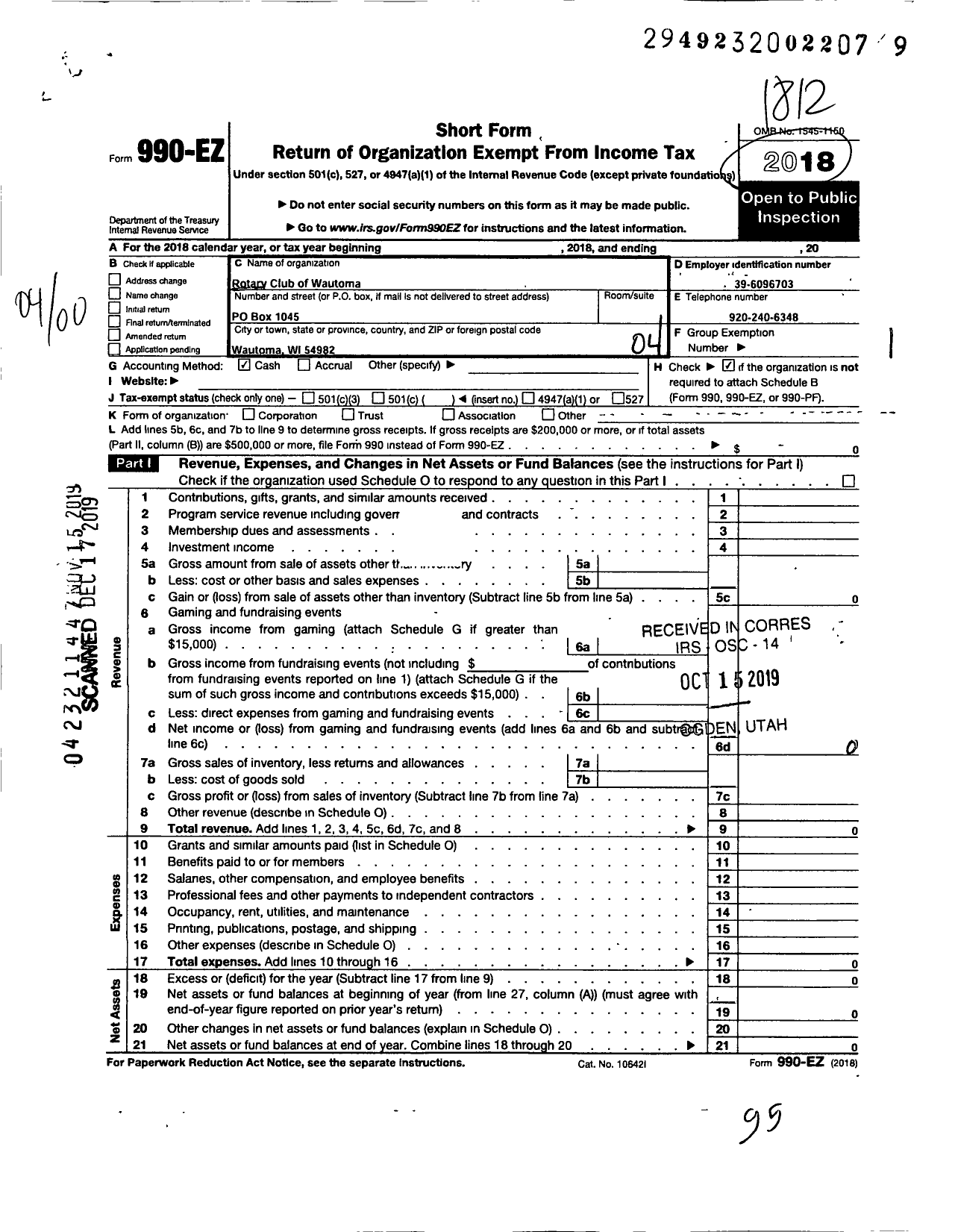 Image of first page of 2018 Form 990EO for Rotary International - Wautoma Rotary Club