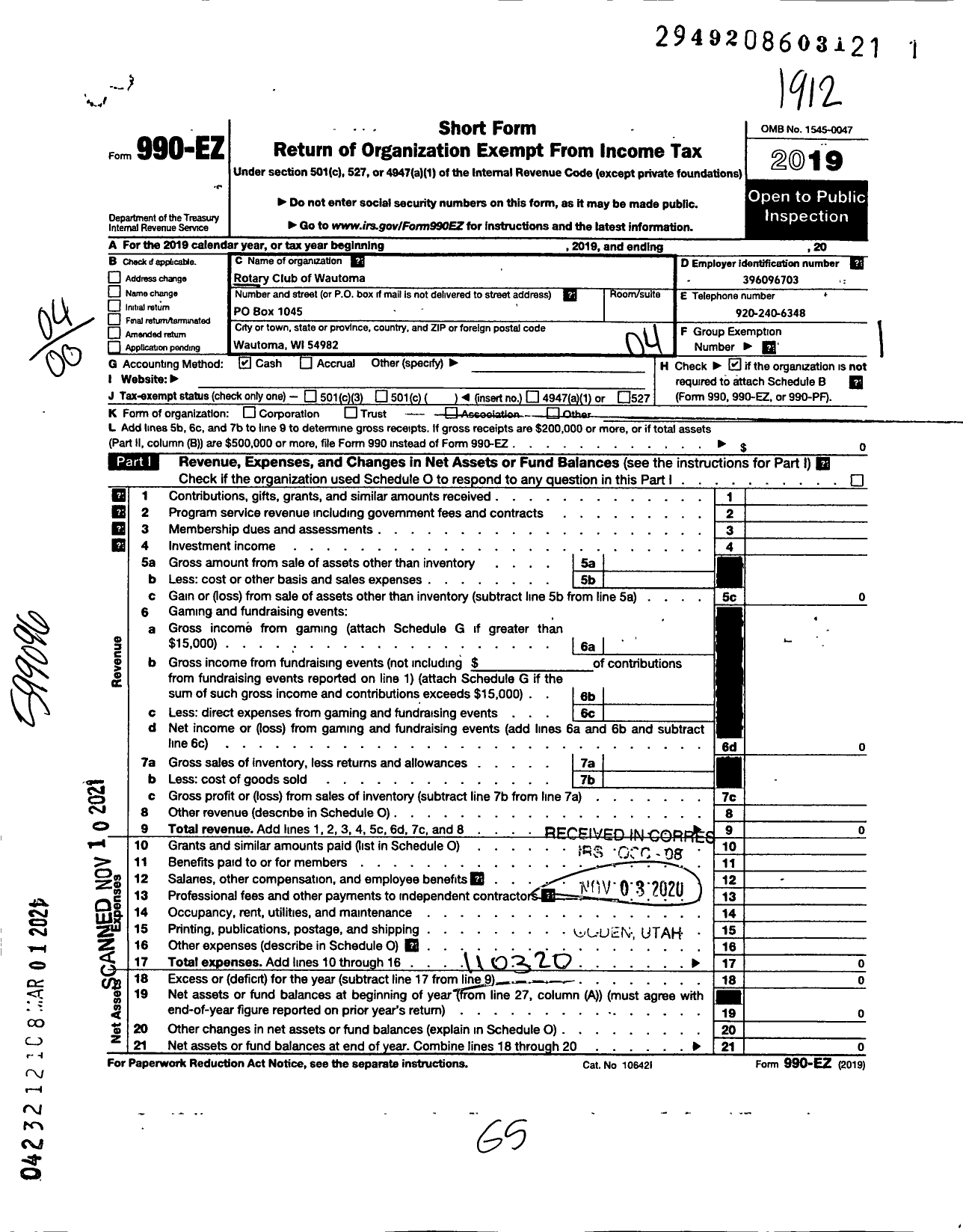 Image of first page of 2019 Form 990EO for Rotary International - Wautoma Rotary Club