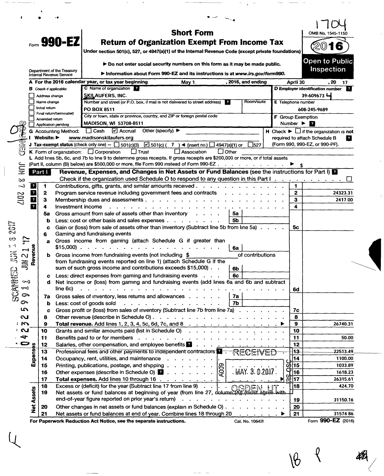 Image of first page of 2016 Form 990EO for Skilaufers