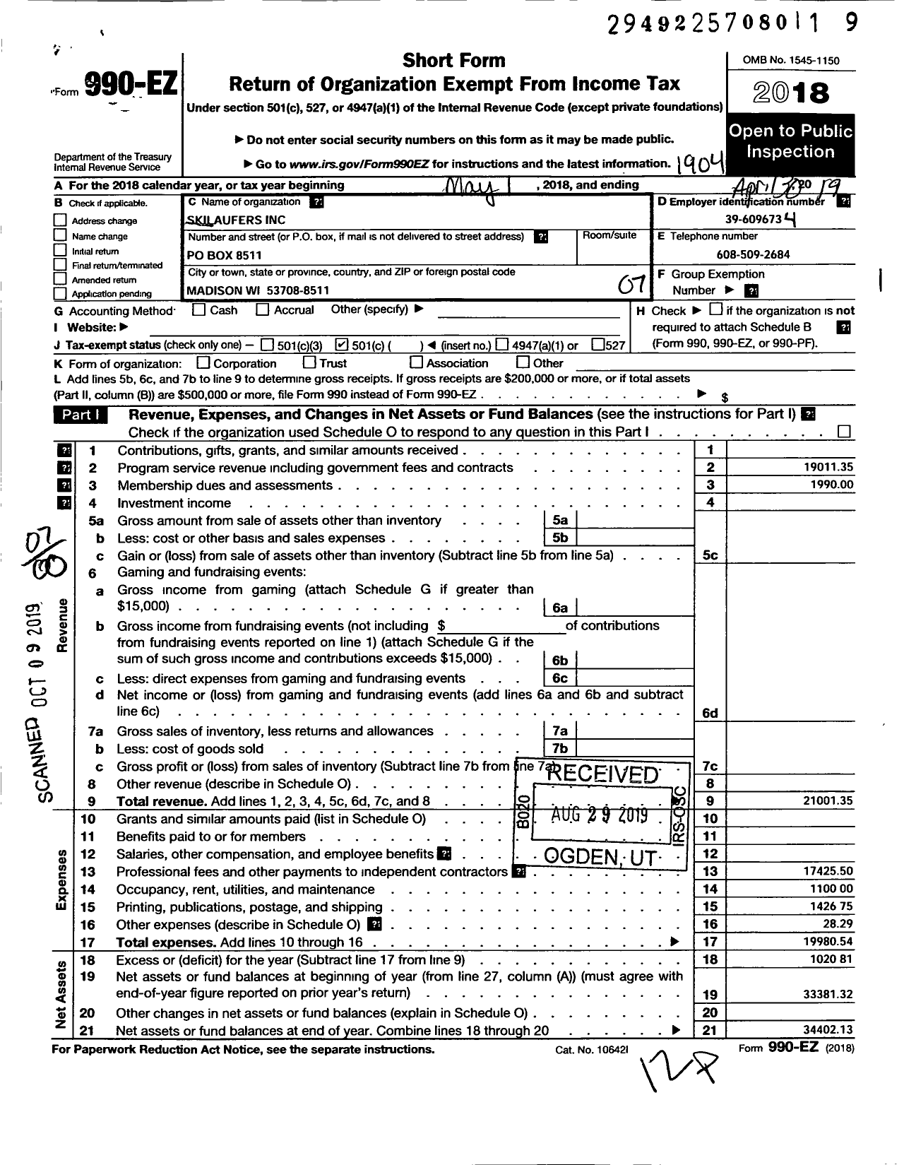 Image of first page of 2018 Form 990EO for Skilaufers