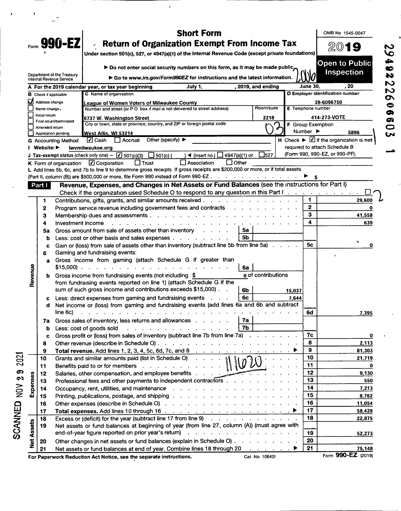 Image of first page of 2019 Form 990EZ for League of Women Voters of Milwaukee County Sub League of Women Voters of Wisconsin