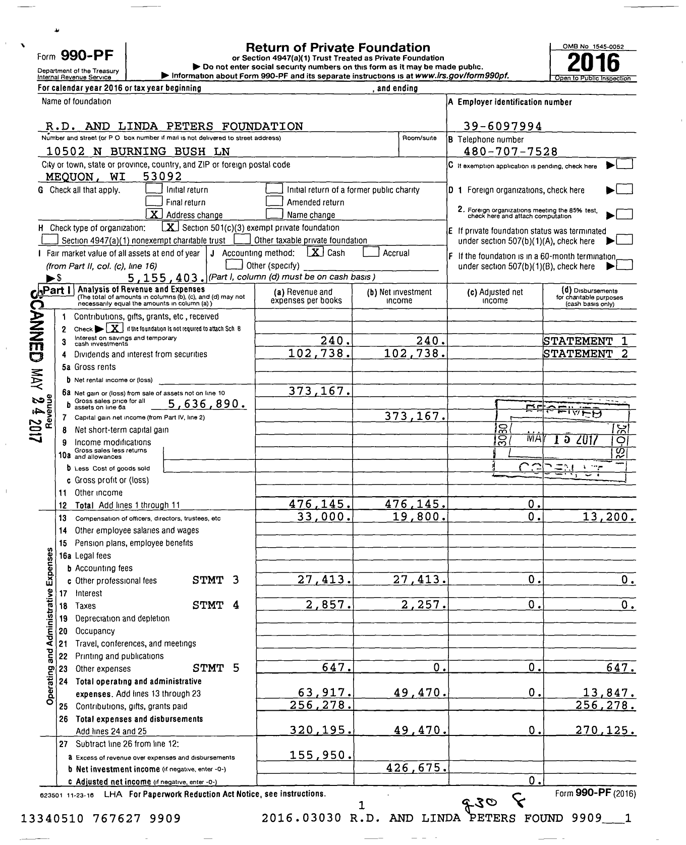 Image of first page of 2016 Form 990PF for Rd and Linda Peters Foundation