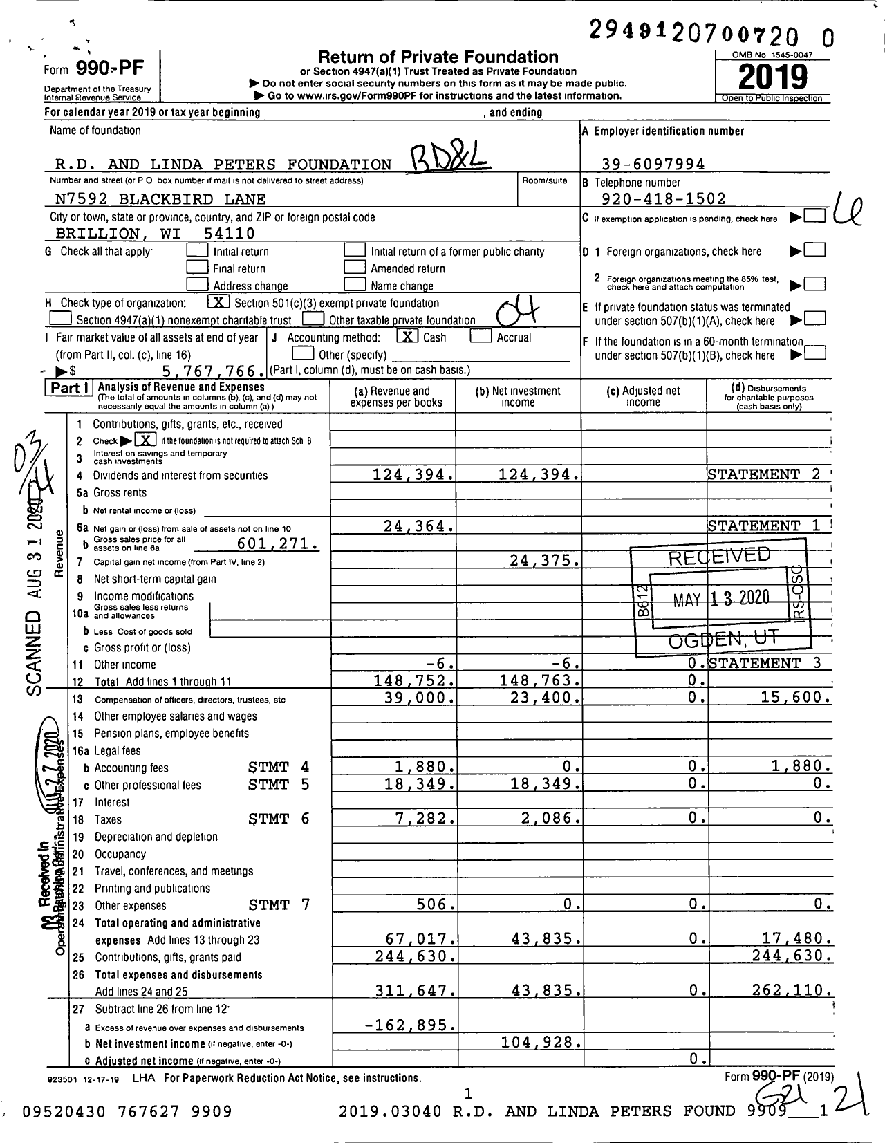 Image of first page of 2019 Form 990PR for The Rd and Linda Peters Foundation