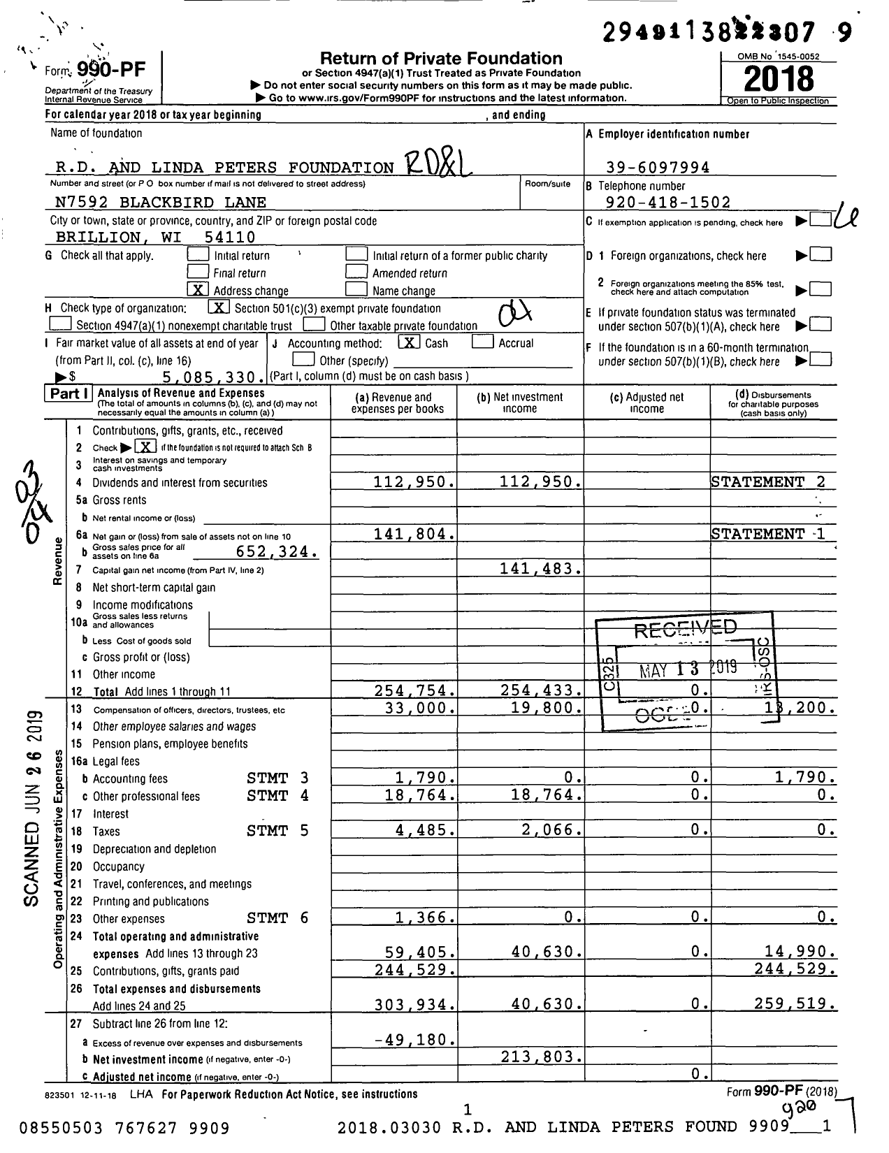Image of first page of 2018 Form 990PF for Rd and Linda Peters Foundation