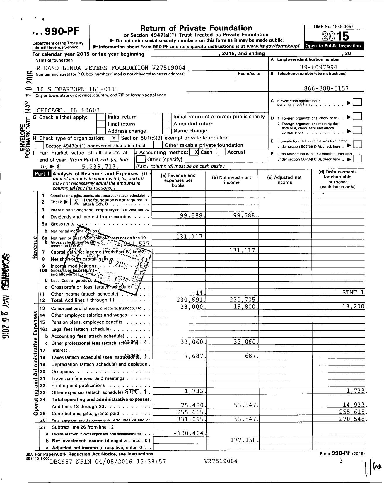 Image of first page of 2015 Form 990PF for Rd and Linda Peters Foundation