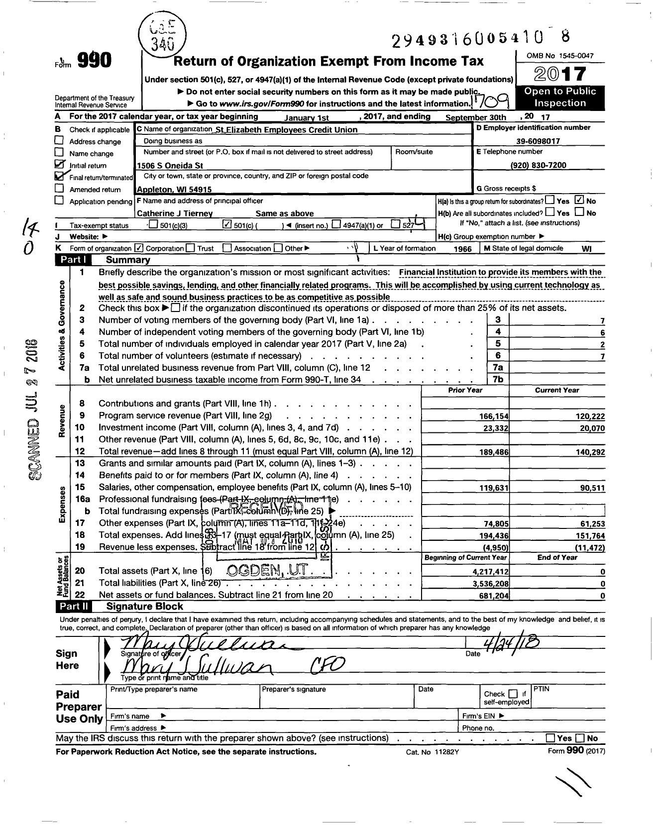 Image of first page of 2016 Form 990O for St Elizabeth Employees Credit Union