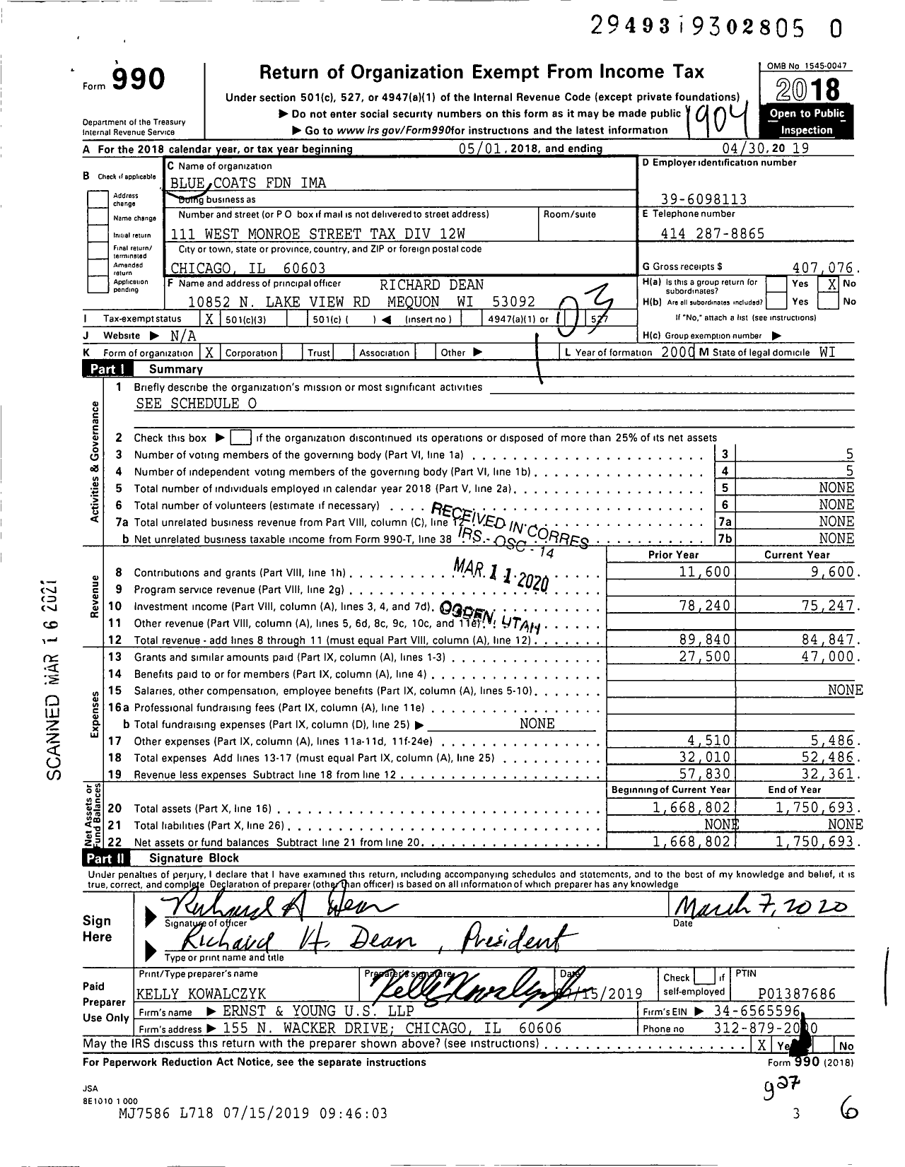 Image of first page of 2018 Form 990 for Blue Coats Foundation Ima