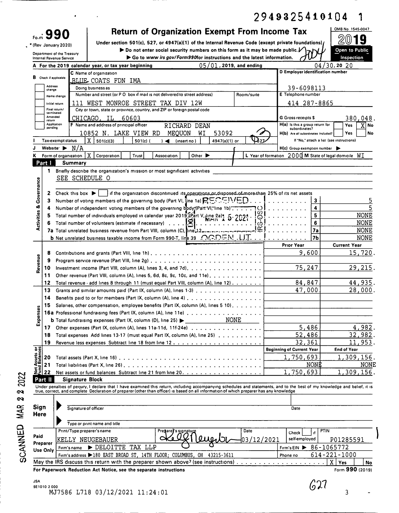 Image of first page of 2019 Form 990 for Blue Coats Foundation Ima