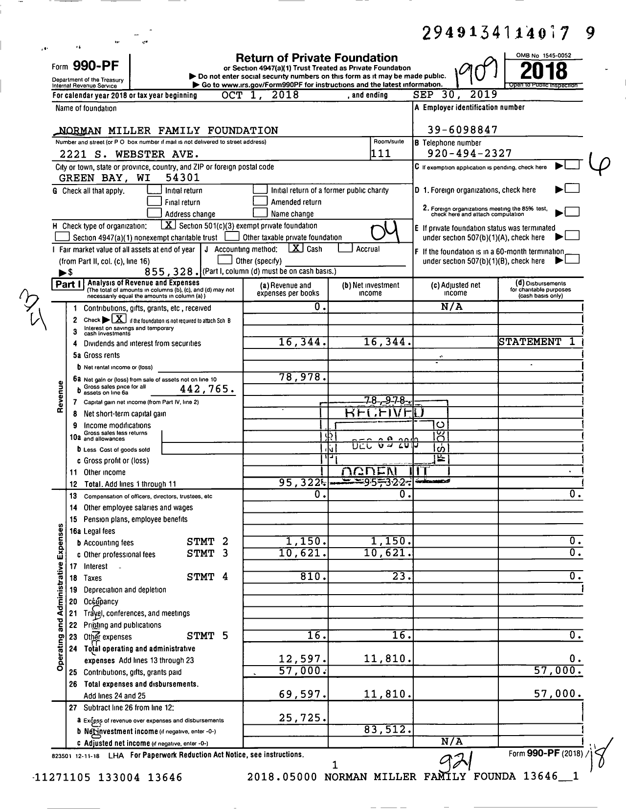 Image of first page of 2018 Form 990PF for Norman Miller Family Foundation