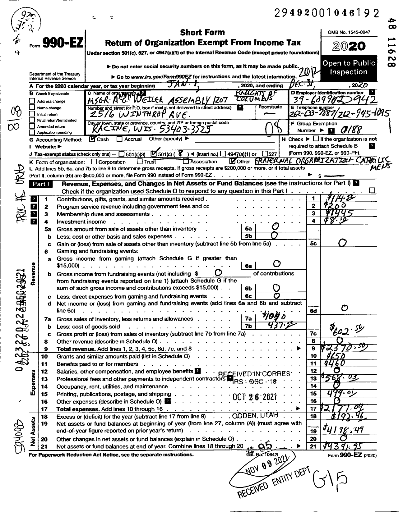 Image of first page of 2020 Form 990EO for Knights of Columbus - 1207 MSGR Anthony G Weiler Assembly