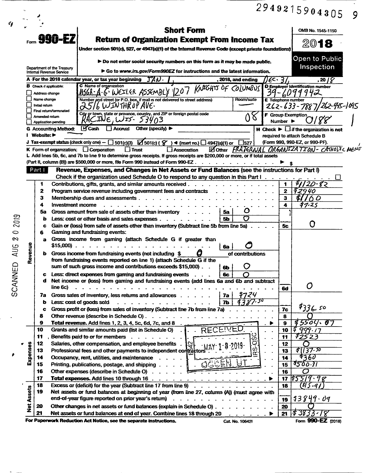 Image of first page of 2018 Form 990EO for Knights of Columbus - 1207 MSGR Anthony G Weiler Assembly