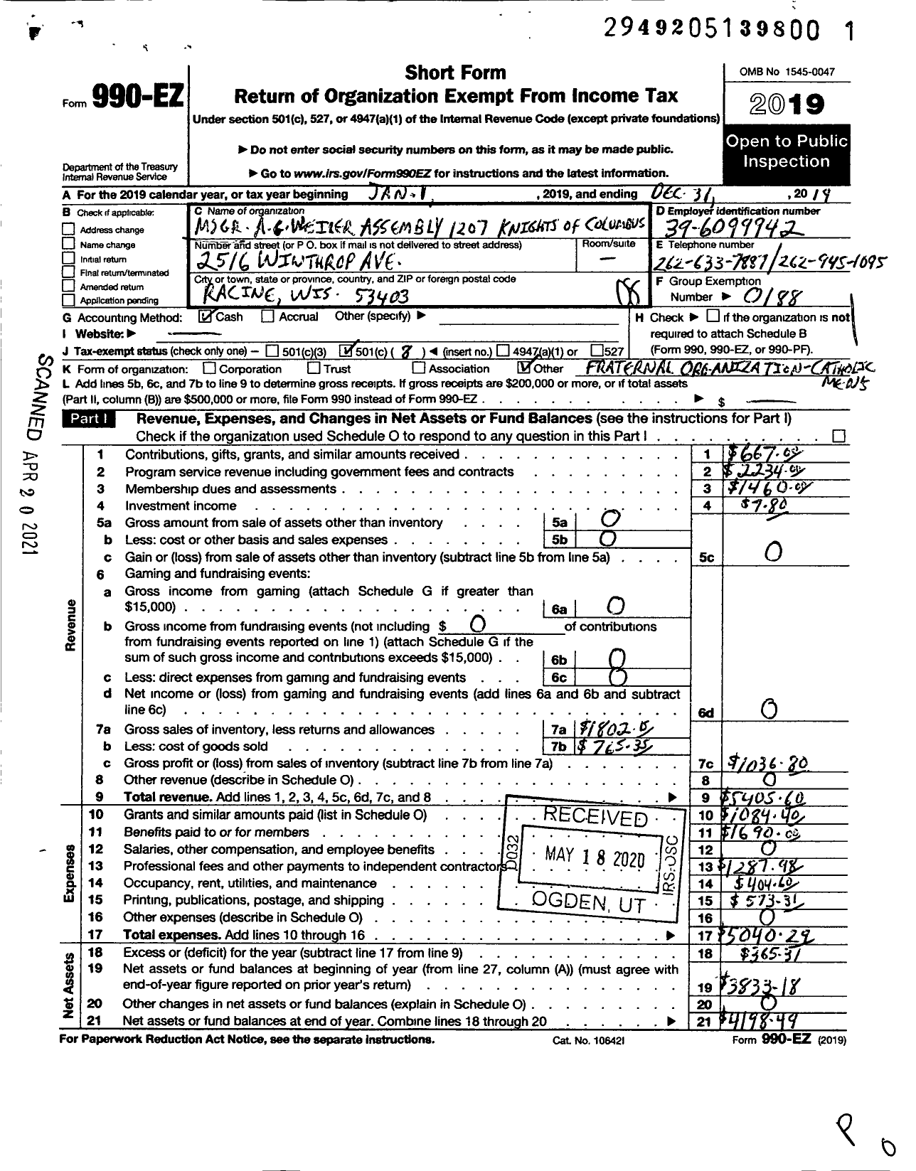 Image of first page of 2019 Form 990EO for Knights of Columbus - 1207 MSGR Anthony G Weiler Assembly