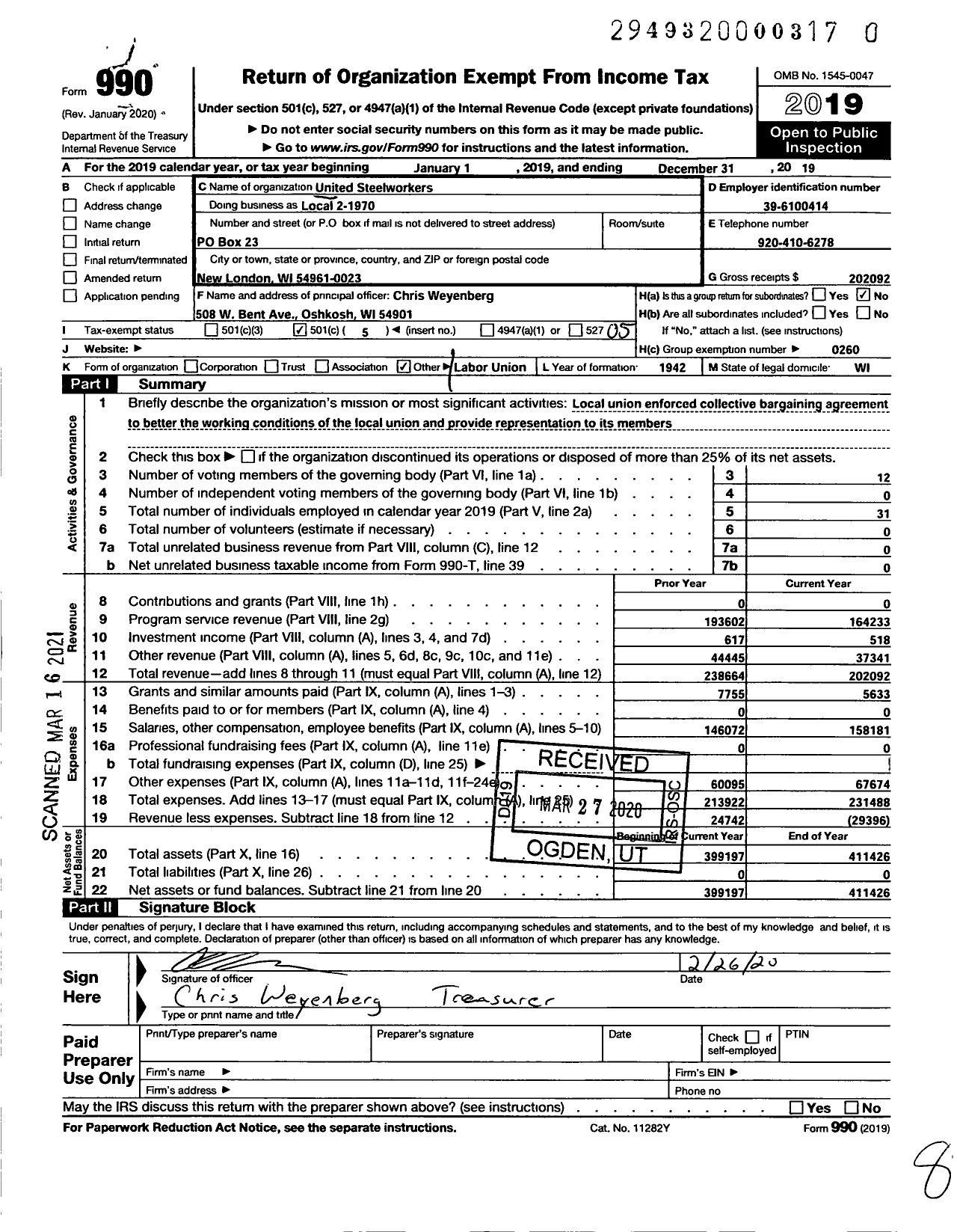 Image of first page of 2019 Form 990O for United Steelworkers - Local Union 2-01970