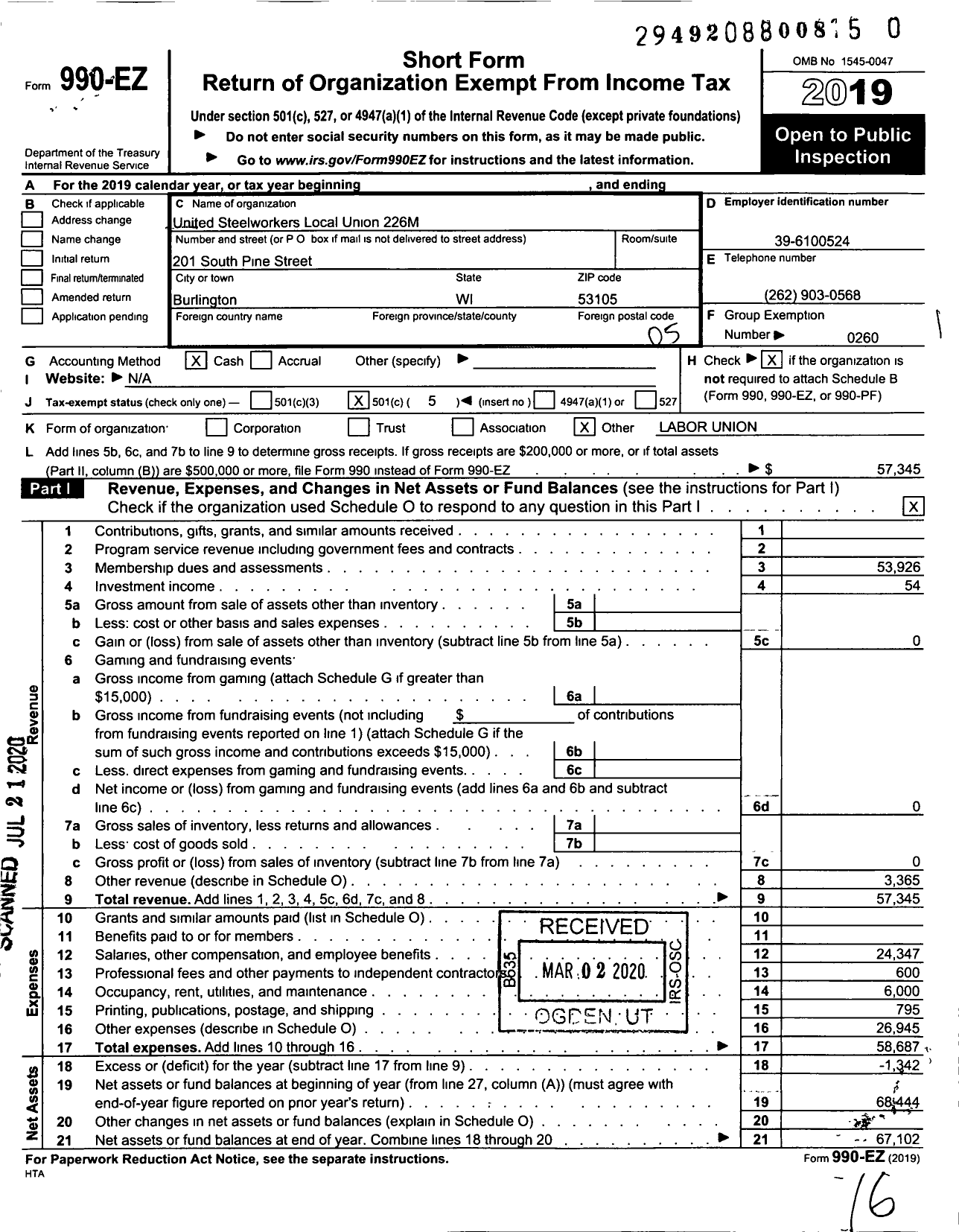 Image of first page of 2019 Form 990EO for United Steelworkers - 226M Local