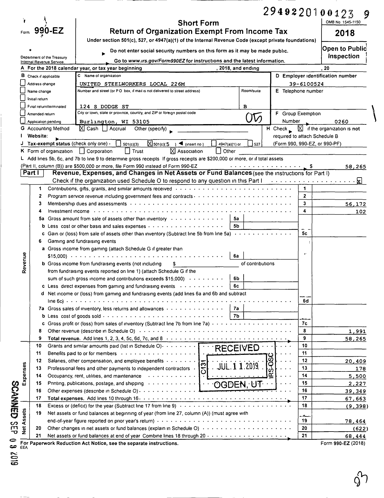 Image of first page of 2018 Form 990EO for United Steelworkers - 226M Local