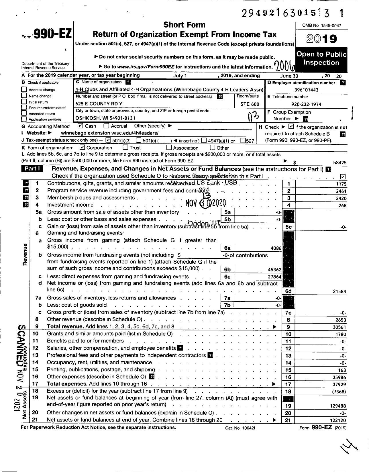 Image of first page of 2019 Form 990EZ for BOARD OF REGENTS OF THE UNIVERSITY OF WISCONSIN SYSTEM Winnebago County 4-H Leaders Association