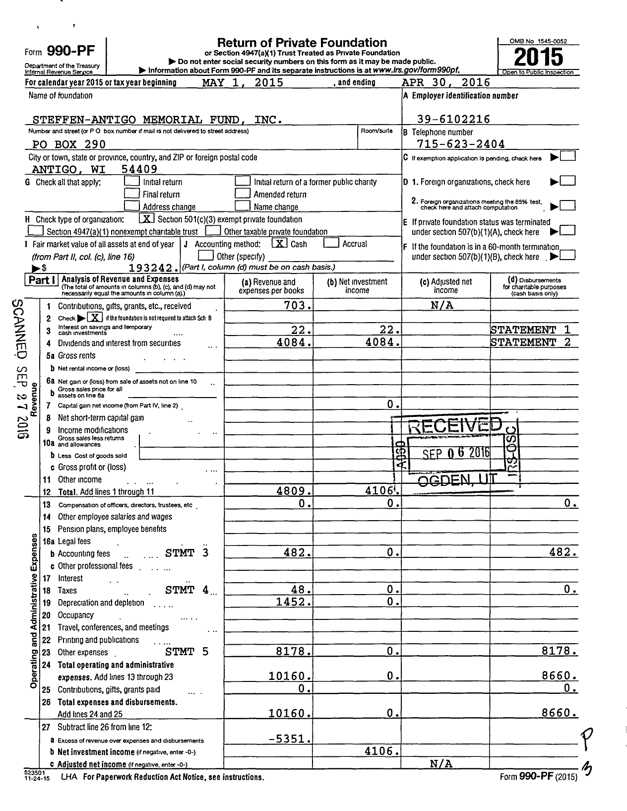 Image of first page of 2015 Form 990PF for Steffen-Antigo Memorial Fund
