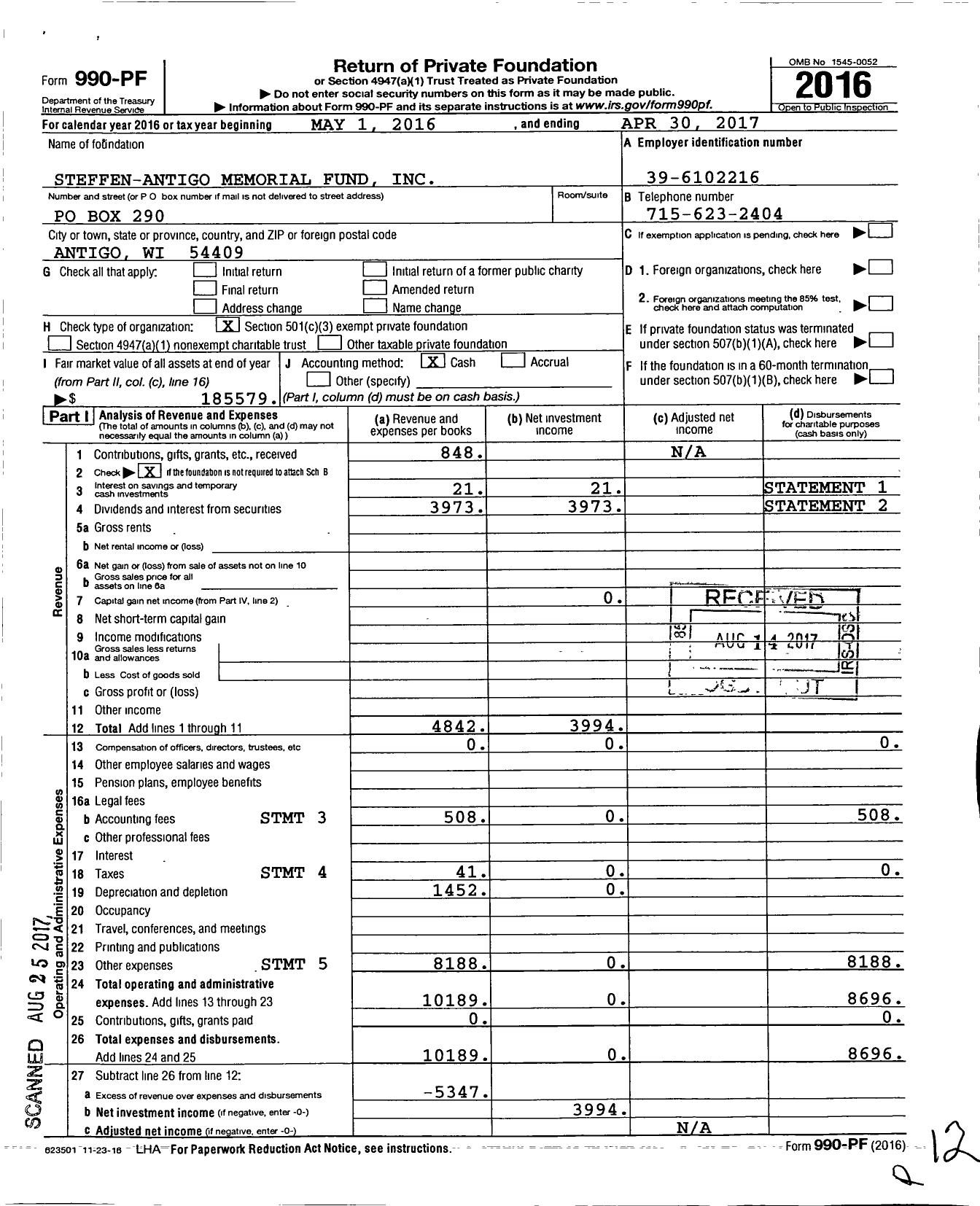 Image of first page of 2016 Form 990PF for Steffen-Antigo Memorial Fund