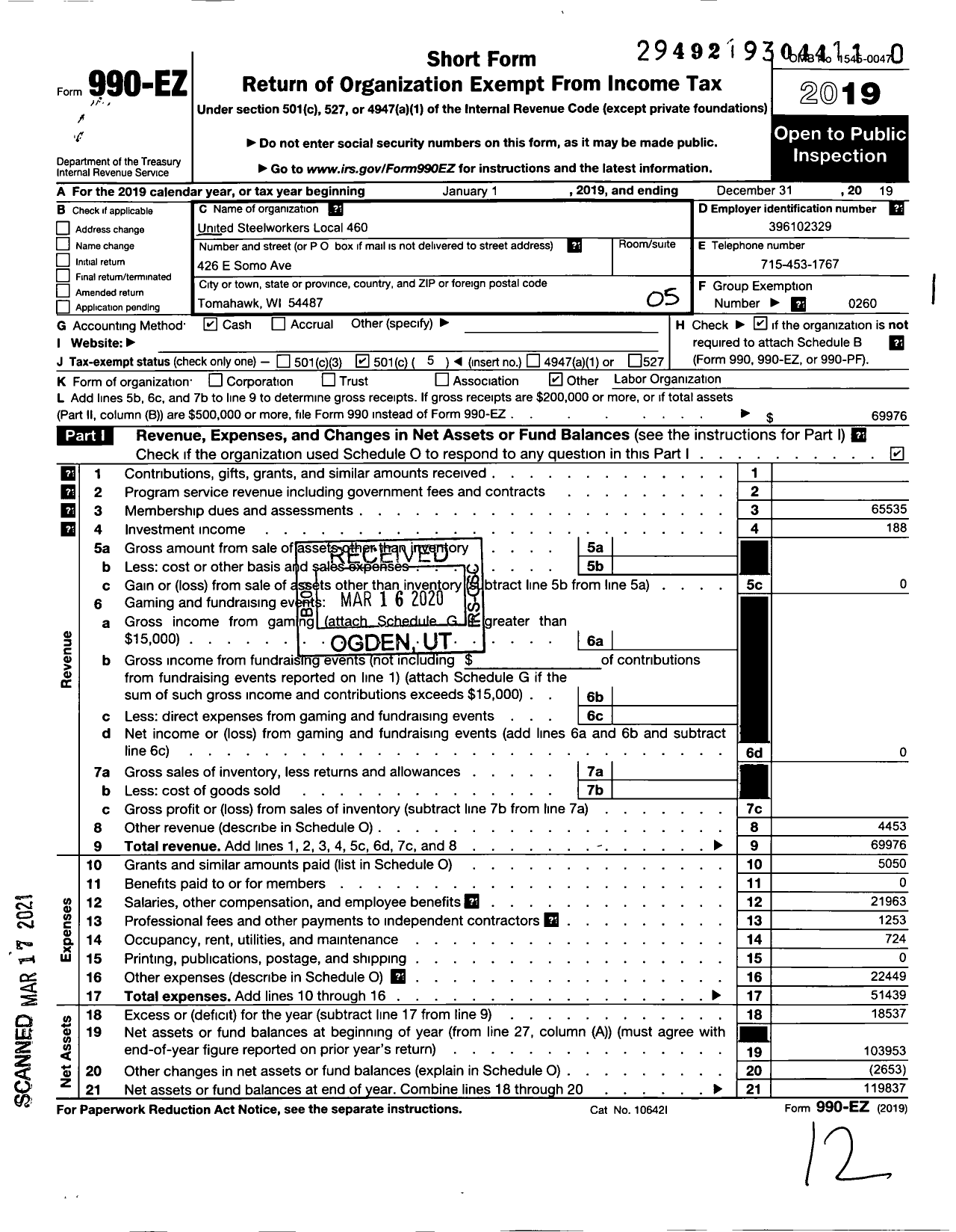 Image of first page of 2019 Form 990EO for United Steelworkers - 00460 Local