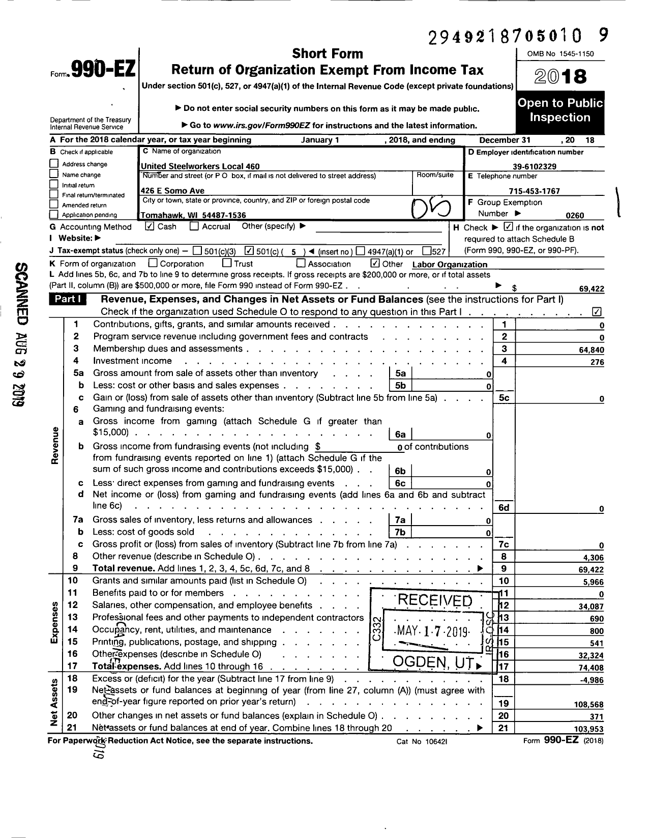 Image of first page of 2018 Form 990EO for United Steelworkers - 00460 Local