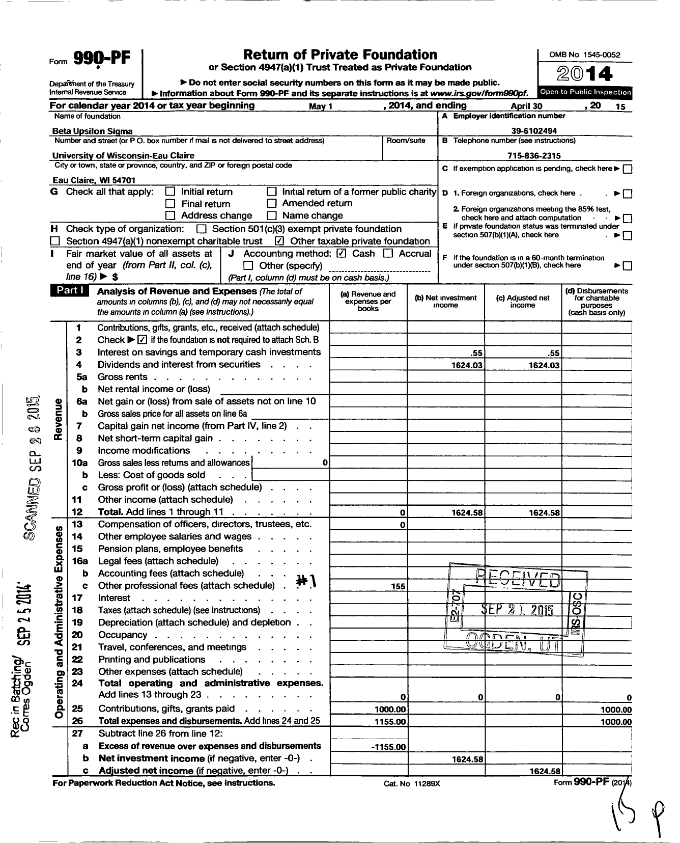 Image of first page of 2014 Form 990PF for Beta Upsilon Sigma