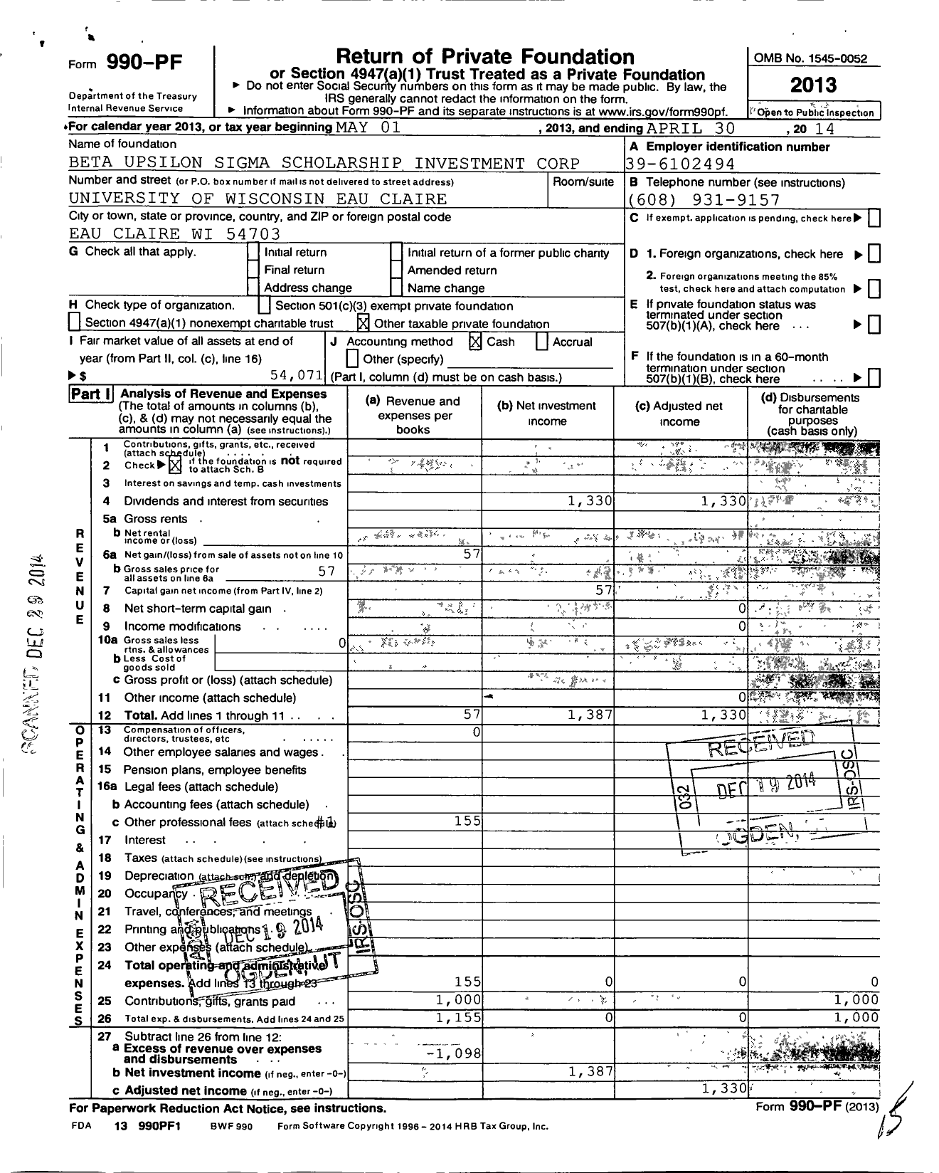 Image of first page of 2013 Form 990PF for Beta Upsilon Sigma