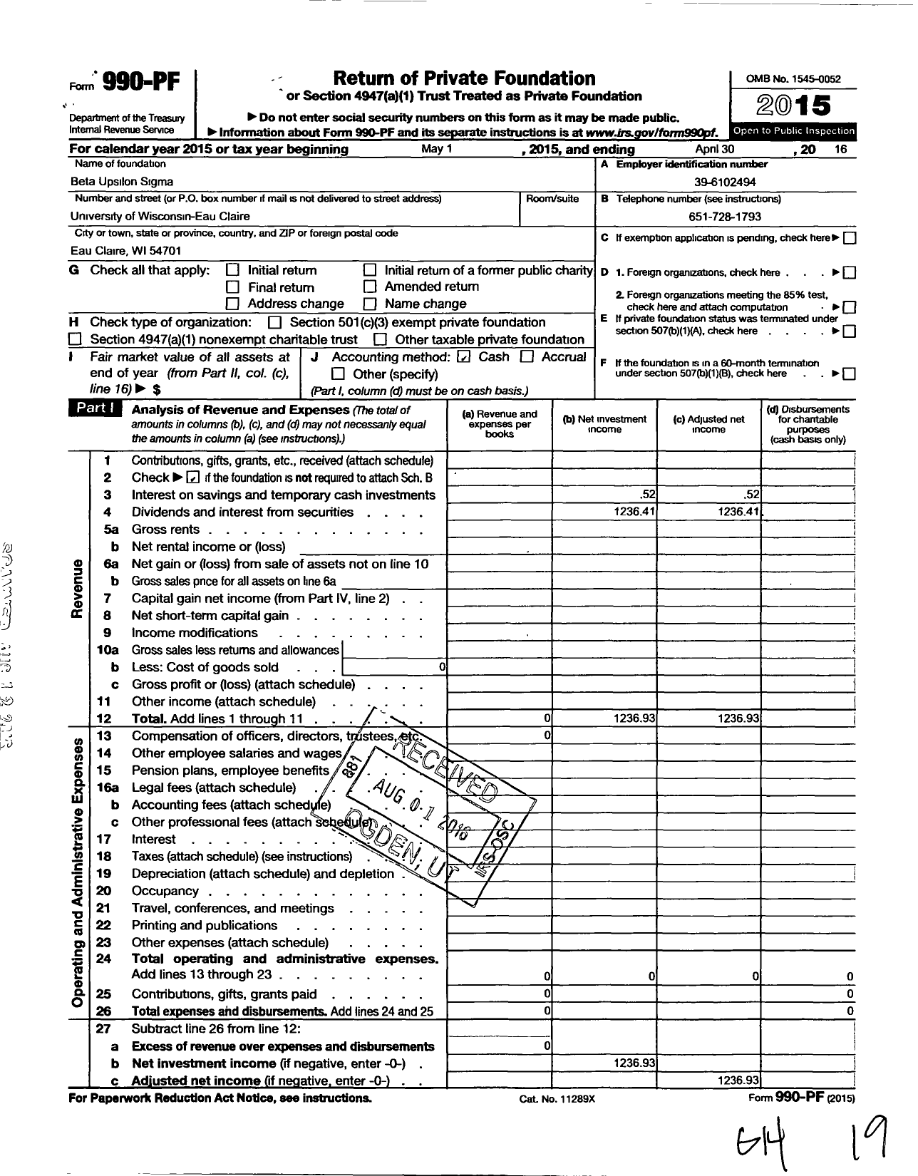 Image of first page of 2015 Form 990PF for Beta Upsilon Sigma