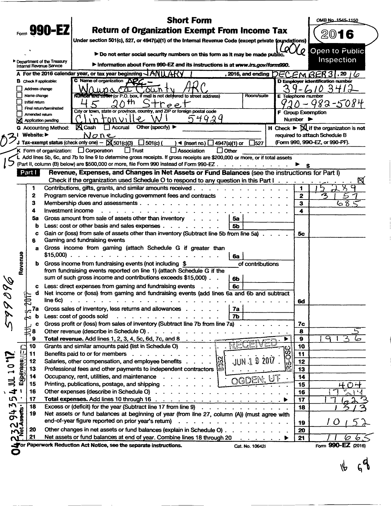 Image of first page of 2016 Form 990EZ for Waupaca County Arc