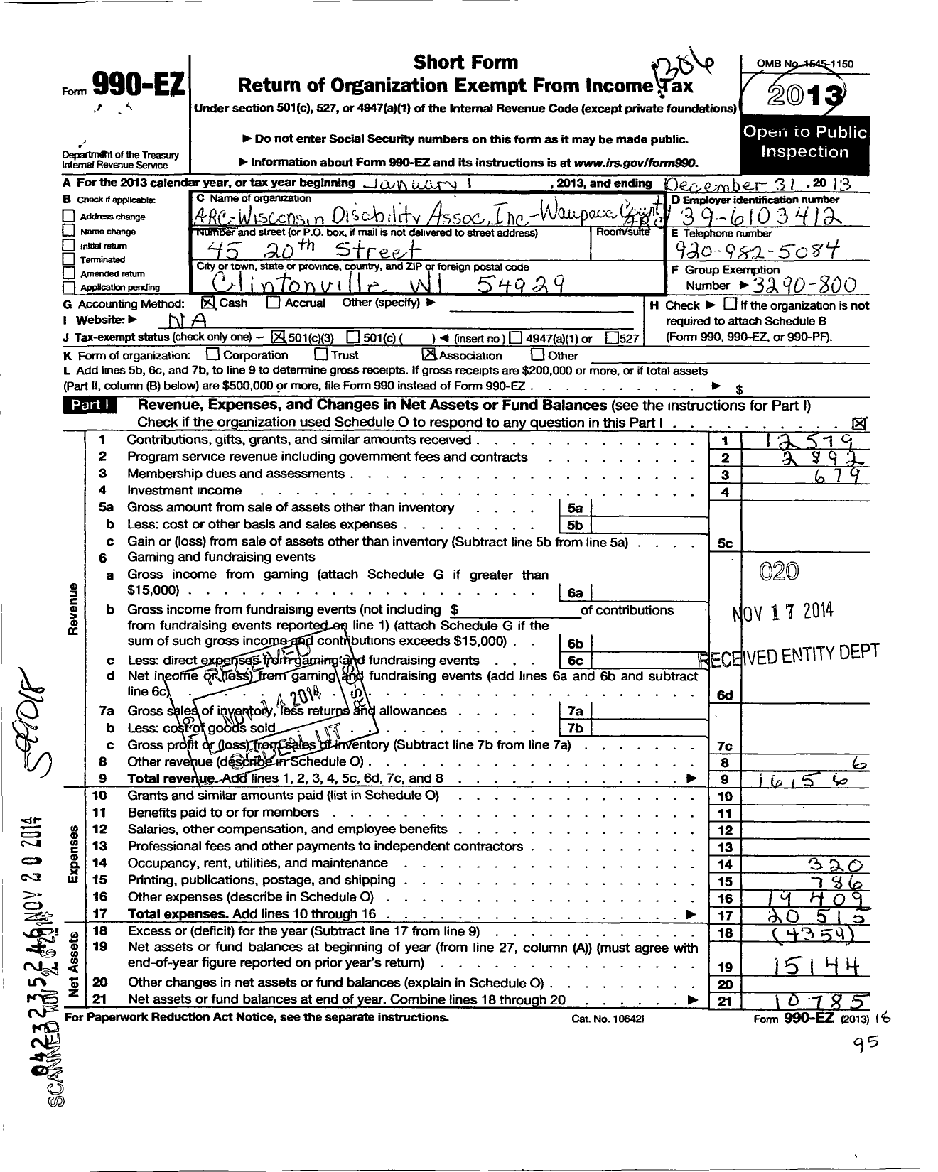 Image of first page of 2012 Form 990EZ for Waupaca County Arc