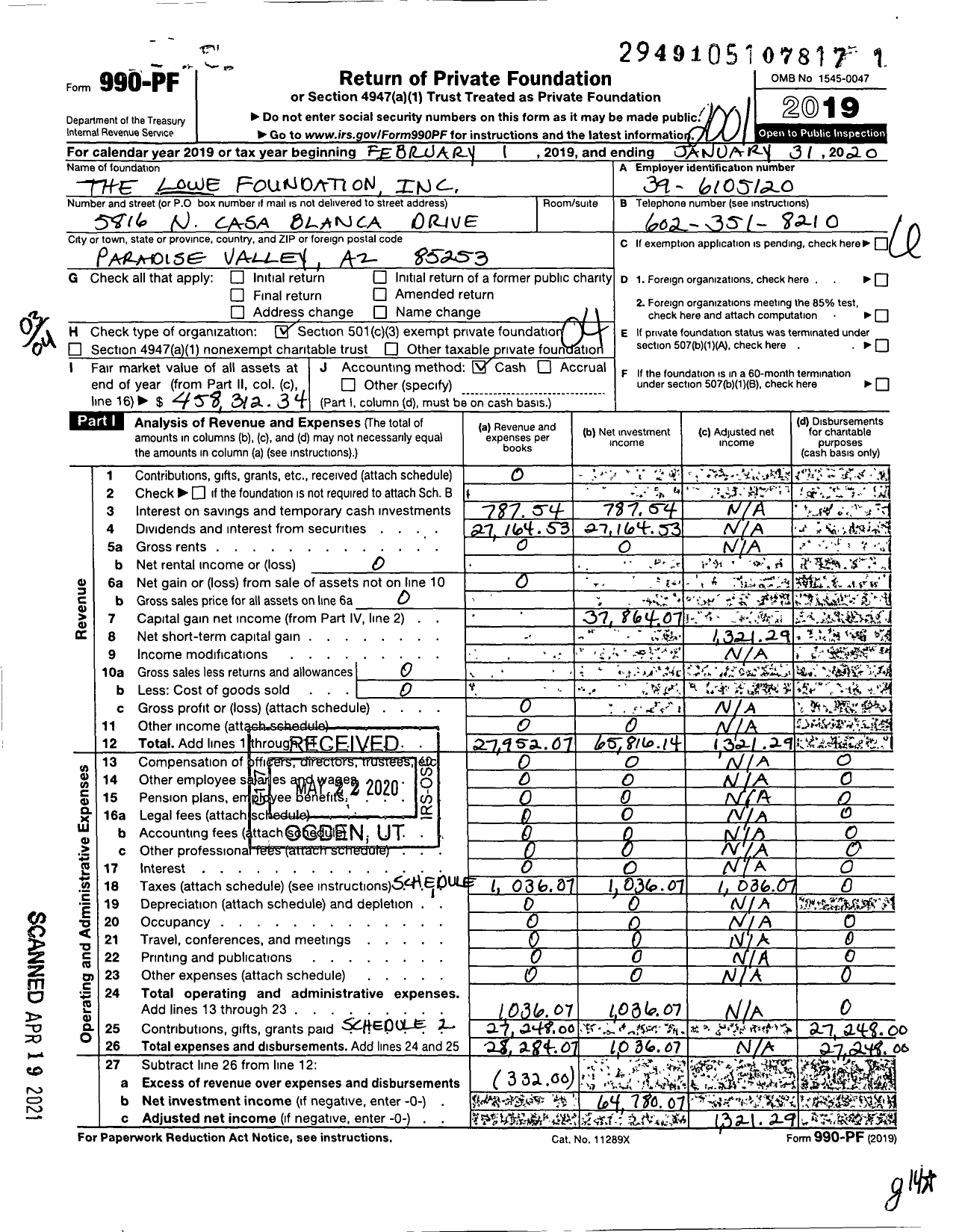 Image of first page of 2019 Form 990PF for The Lowe Foundation