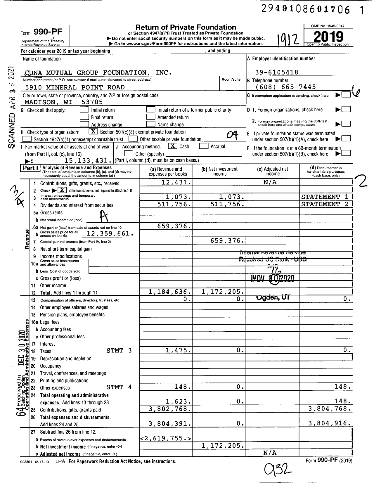 Image of first page of 2019 Form 990PF for Trustage Foundation