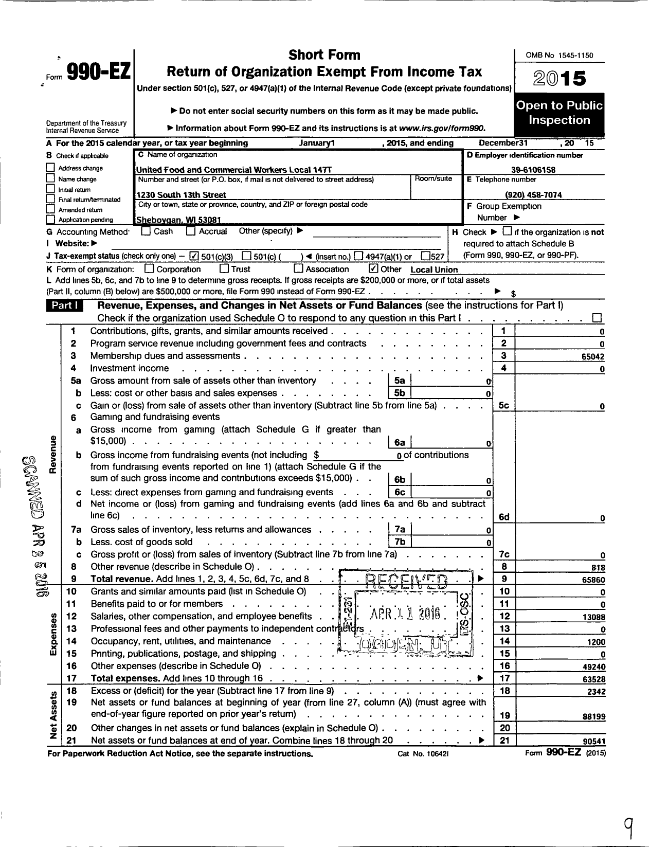 Image of first page of 2015 Form 990EZ for United Food & Commercial Workers Union - 147t Local