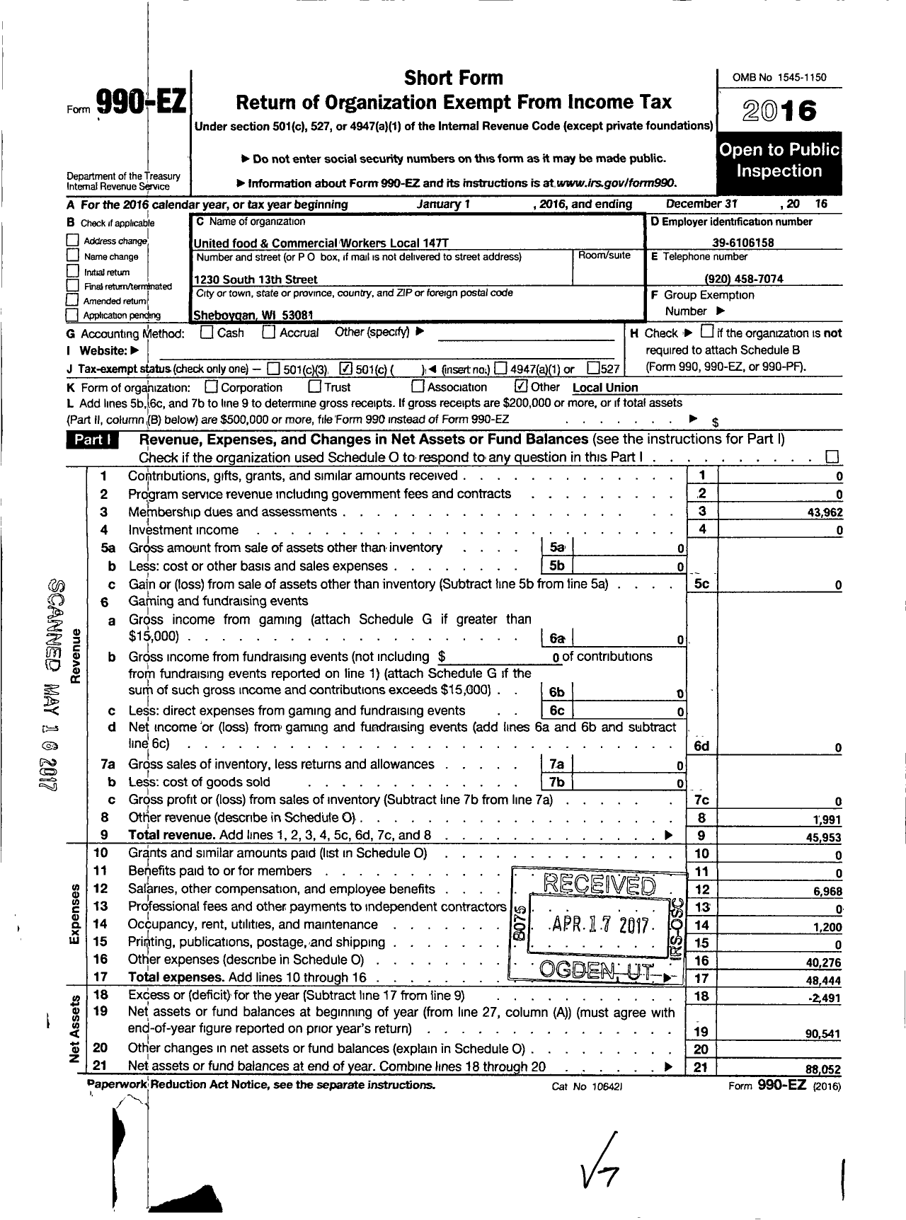 Image of first page of 2016 Form 990EO for United Food & Commercial Workers Union - 147t Local