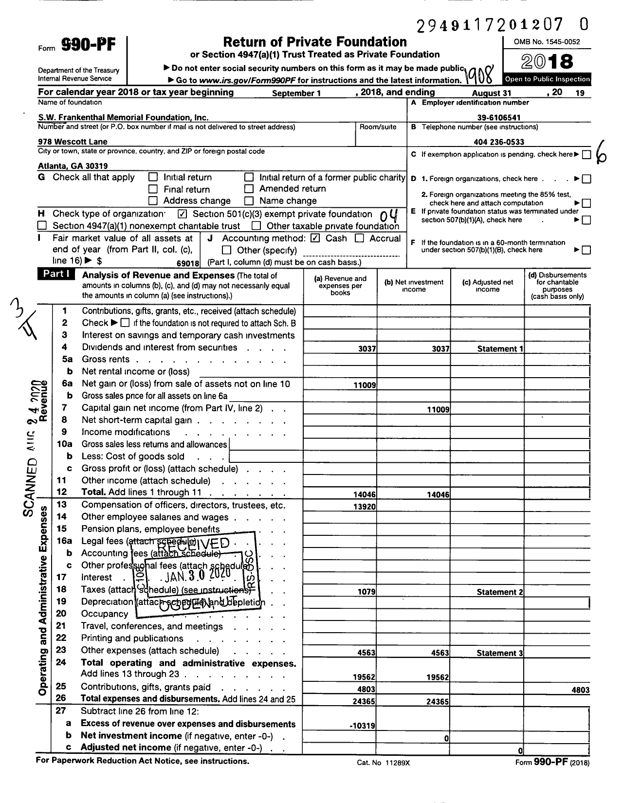 Image of first page of 2018 Form 990PR for SW Frankenthal Memorial Foundation