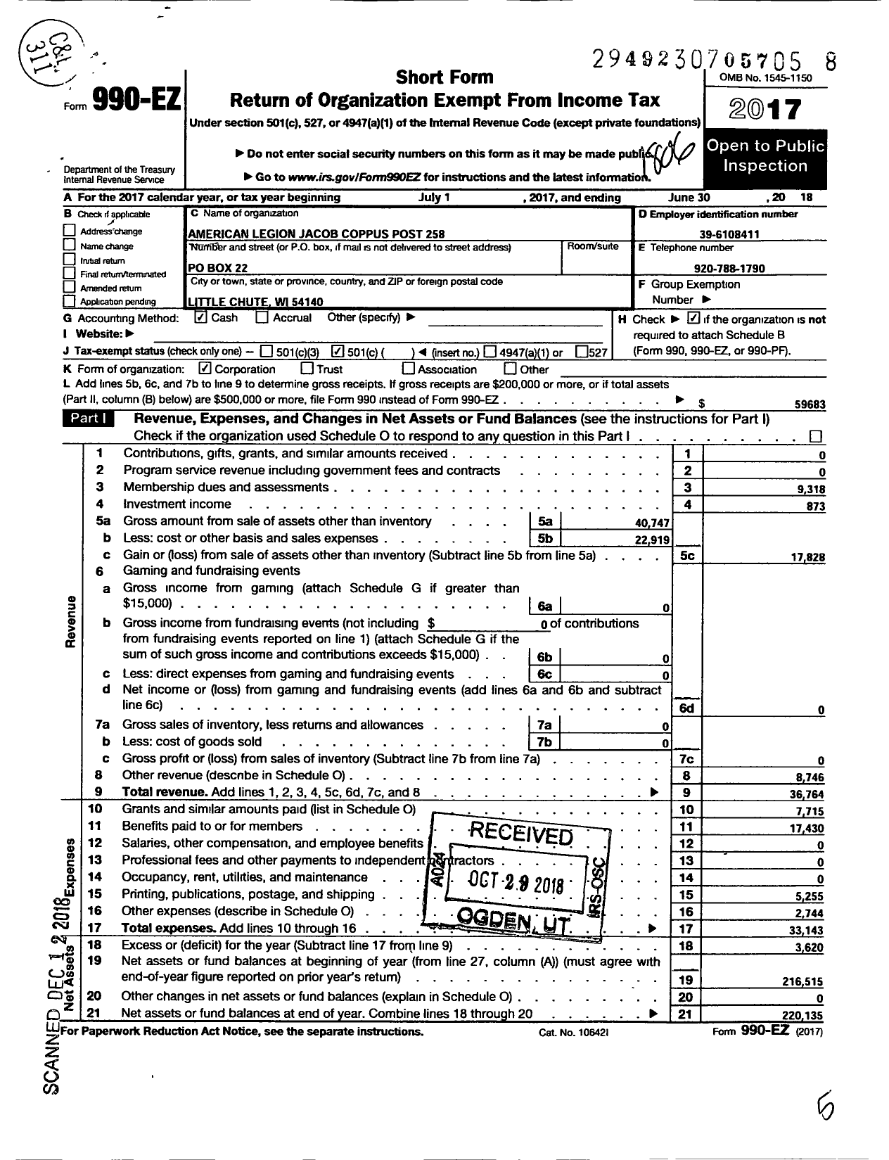 Image of first page of 2017 Form 990EO for American Legion - 0258 Jacob Coppus