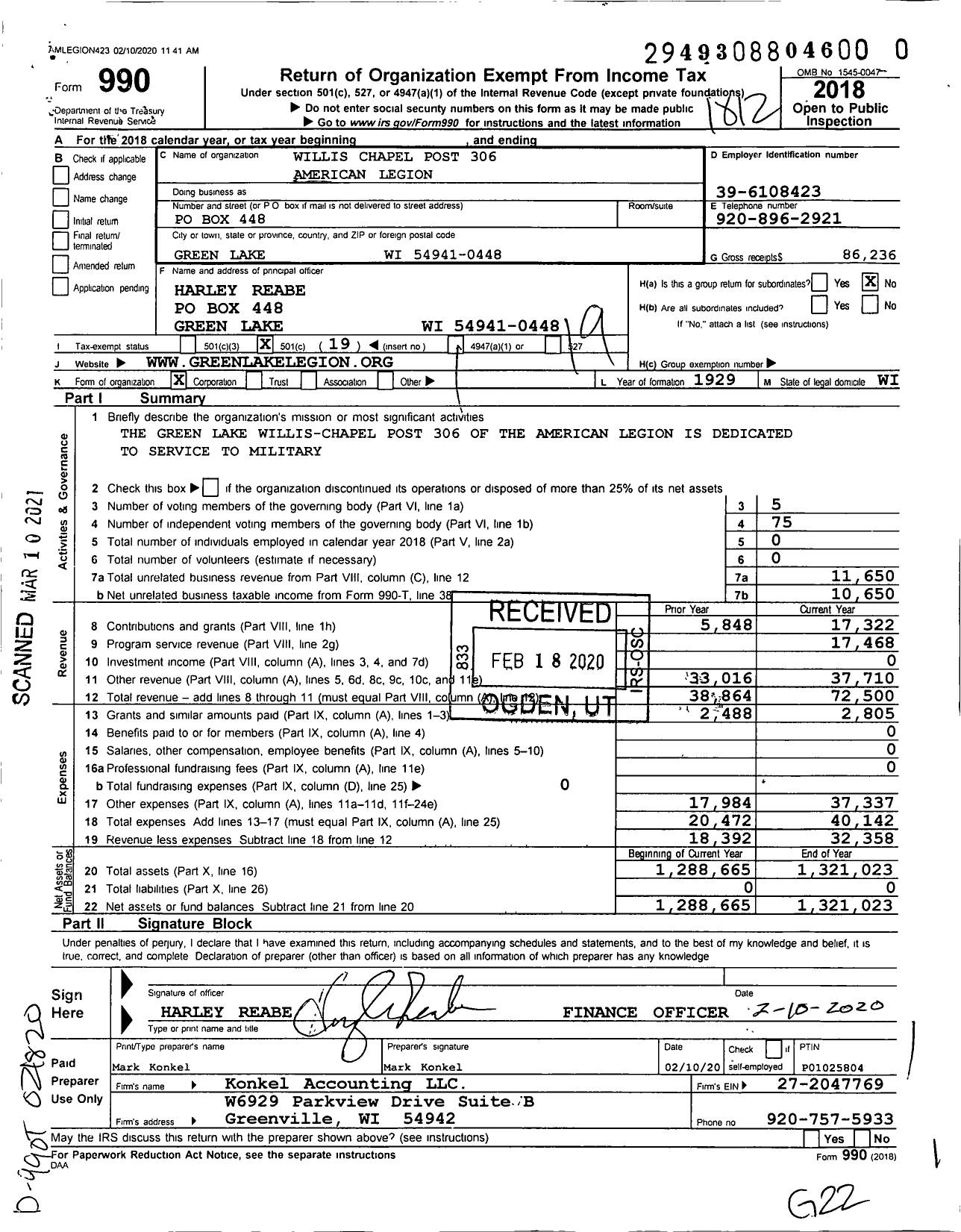 Image of first page of 2018 Form 990O for American Legion - 0306 Willis-Chapel