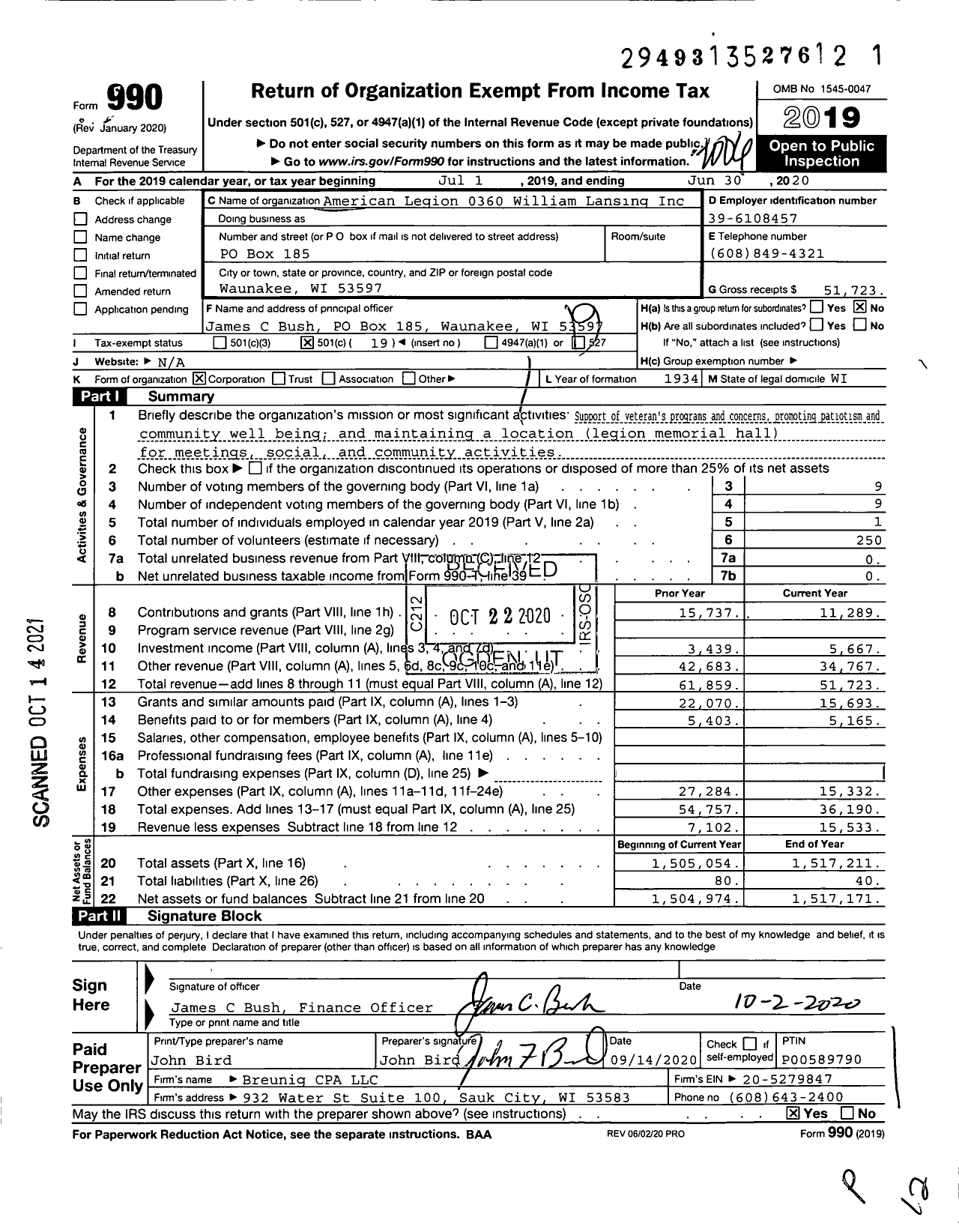 Image of first page of 2019 Form 990O for American Legion - American Legion Post 360