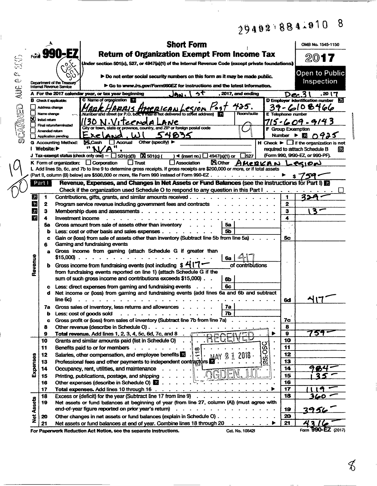 Image of first page of 2017 Form 990EO for American Legion / 0425 Mark Harris Inc