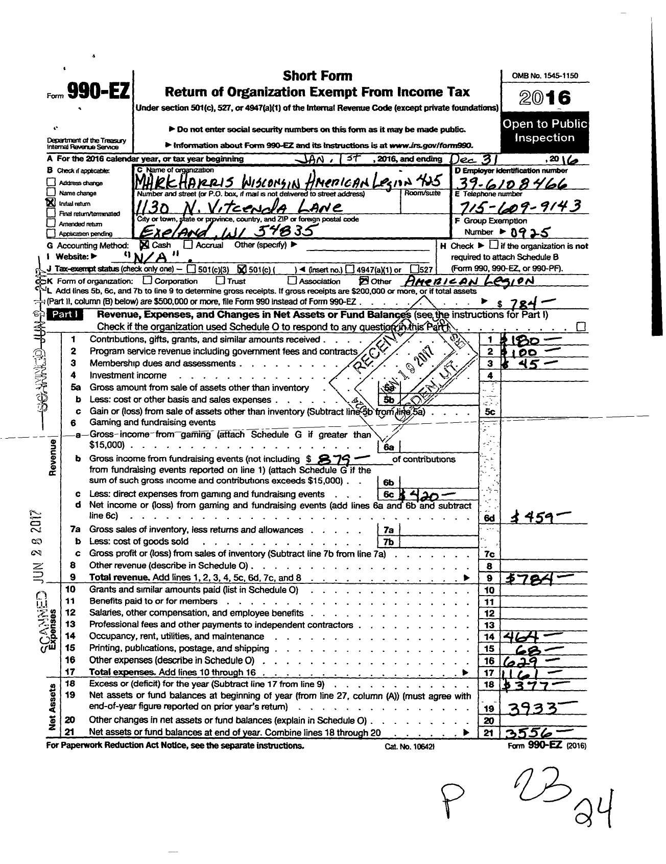 Image of first page of 2016 Form 990EO for American Legion / 0425 Mark Harris Inc