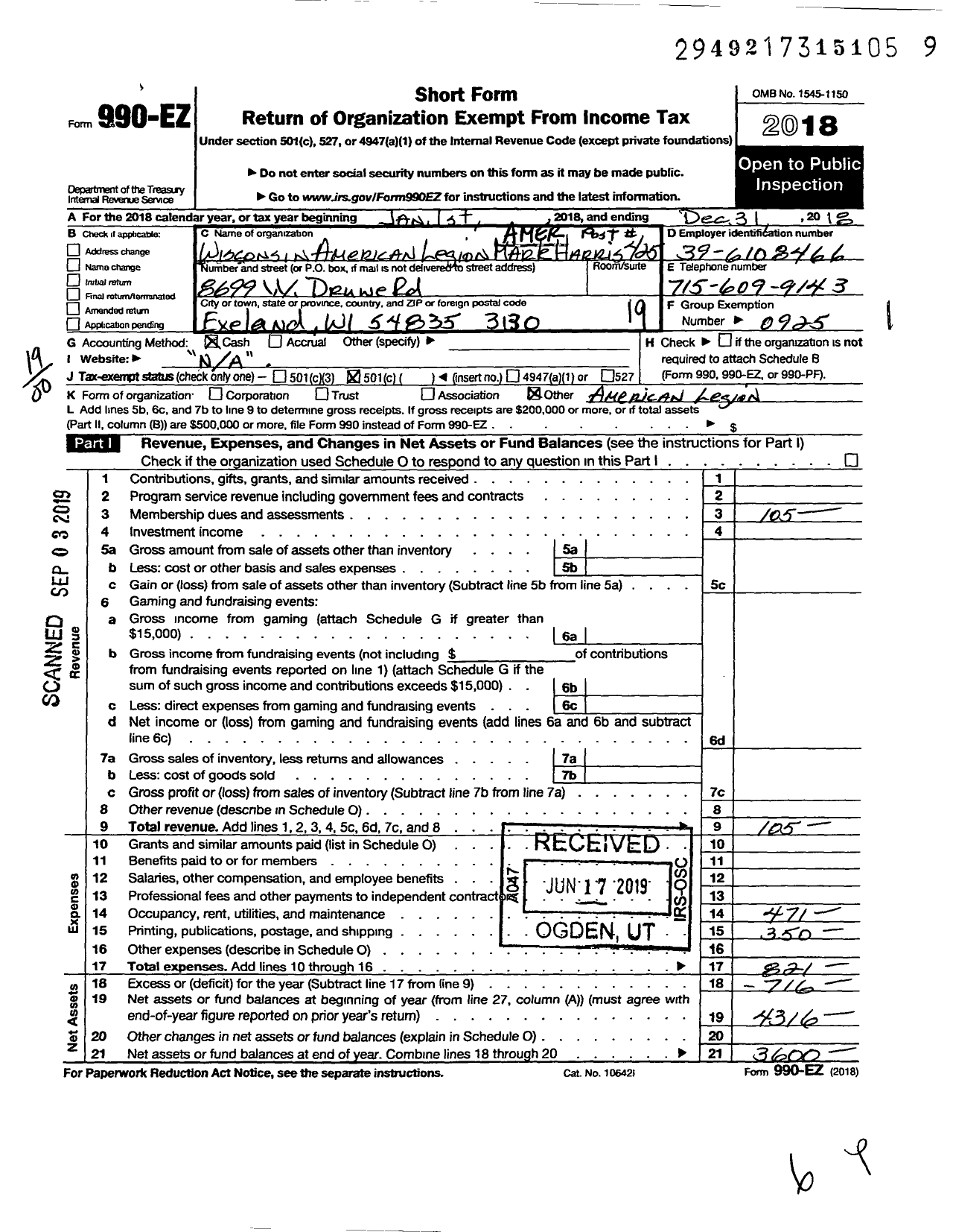 Image of first page of 2018 Form 990EO for American Legion / 0425 Mark Harris Inc