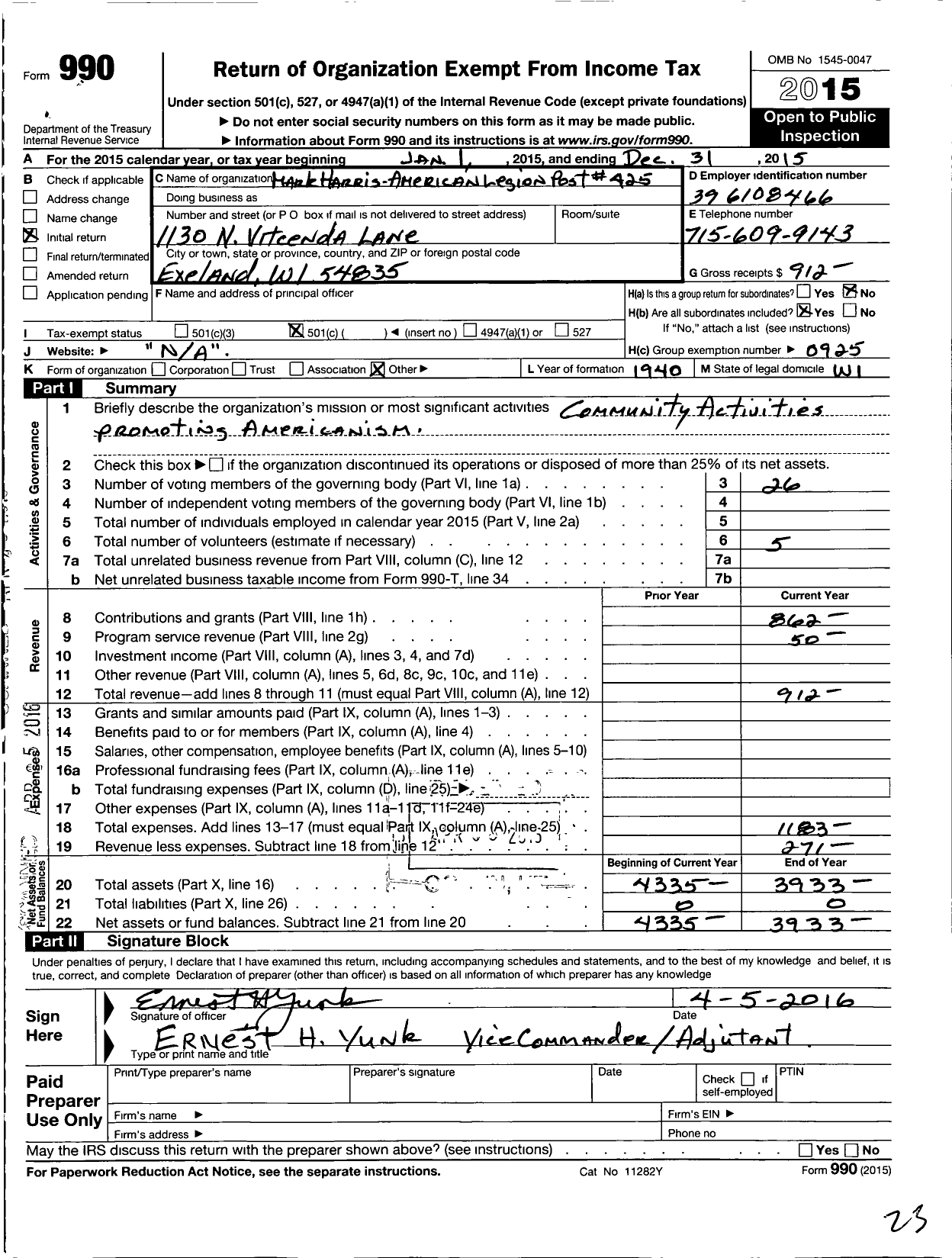 Image of first page of 2015 Form 990O for American Legion / 0425 Mark Harris Inc