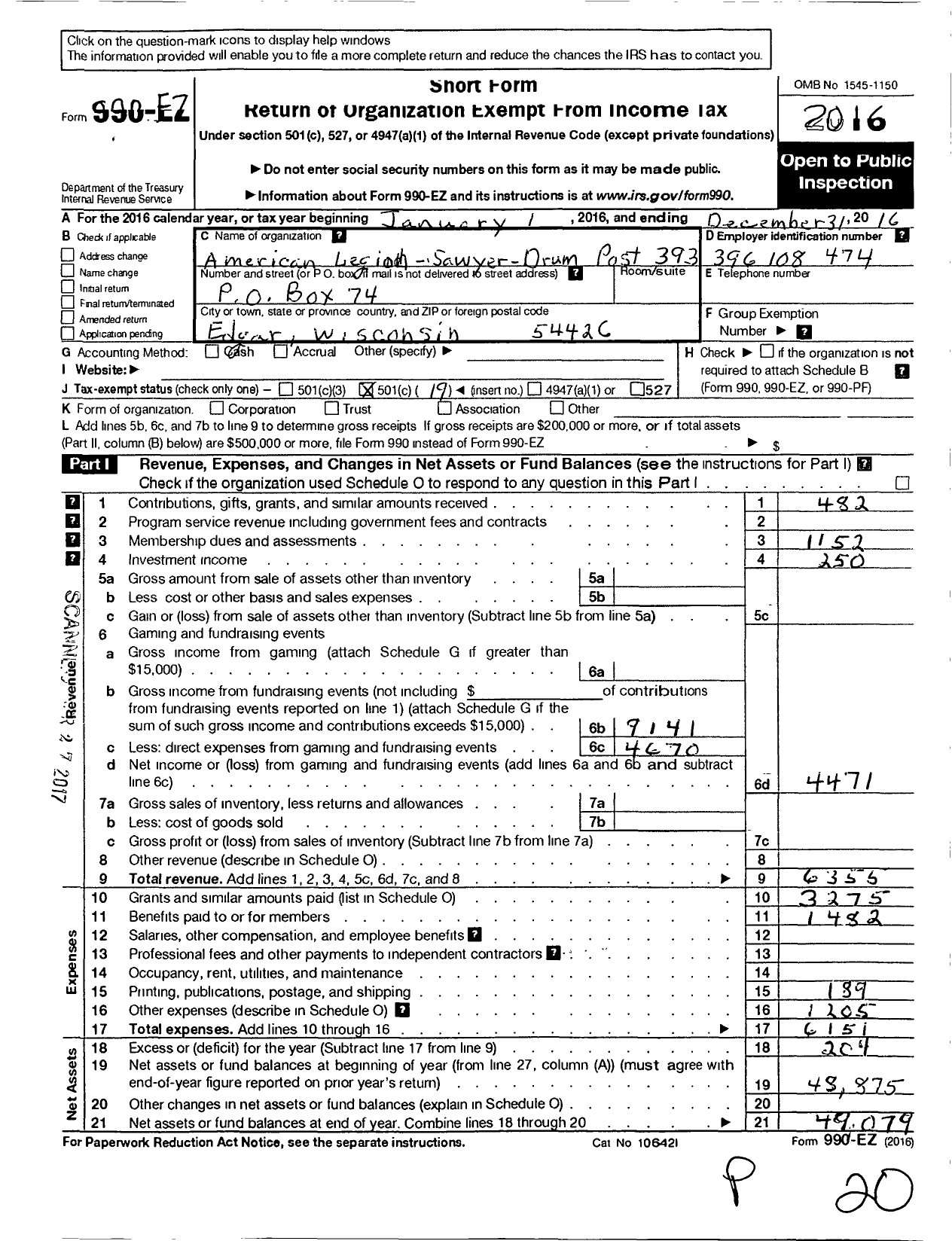 Image of first page of 2016 Form 990EO for American Legion - 0393 Sawyer-Drumm