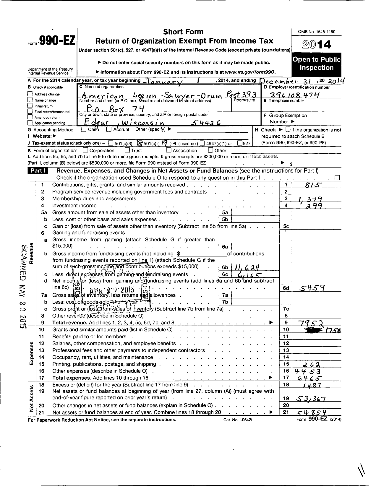 Image of first page of 2014 Form 990EO for American Legion - 0393 Sawyer-Drumm