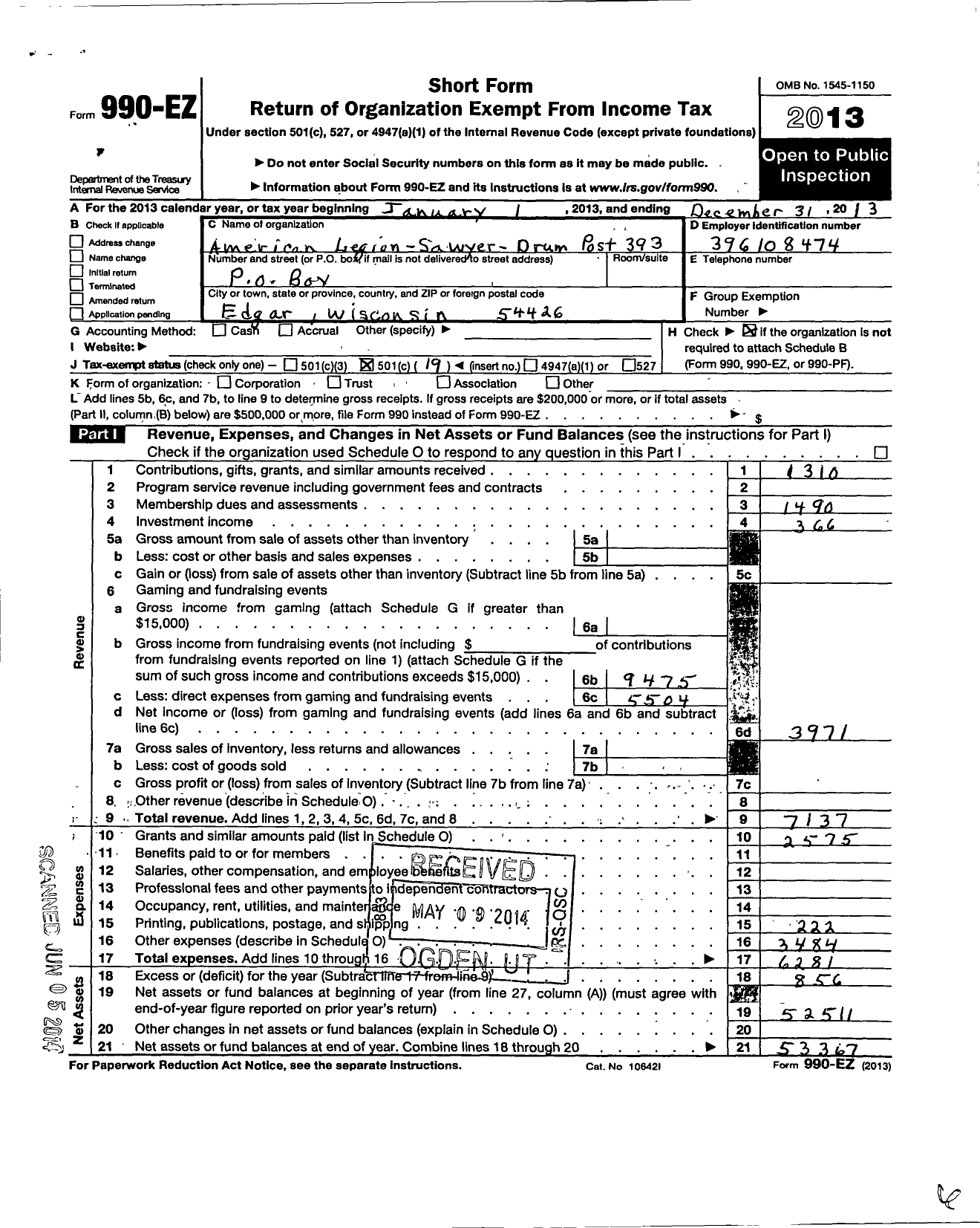 Image of first page of 2013 Form 990EO for American Legion - 0393 Sawyer-Drumm