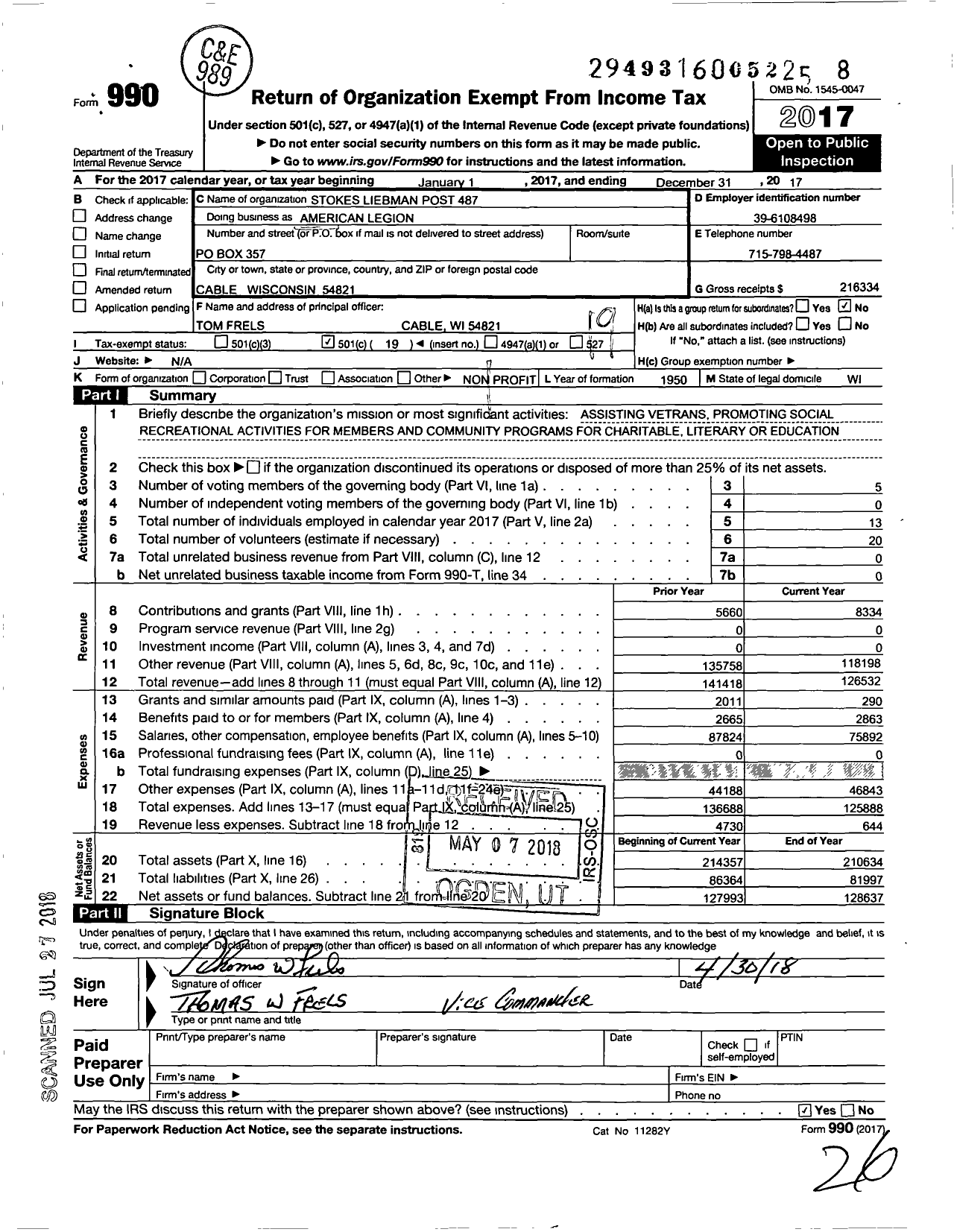 Image of first page of 2017 Form 990O for Stokes-Liebman American Legion Post 487