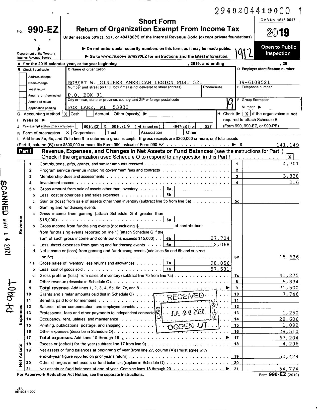 Image of first page of 2019 Form 990EO for American Legion - Post 521 Robert W Ginther