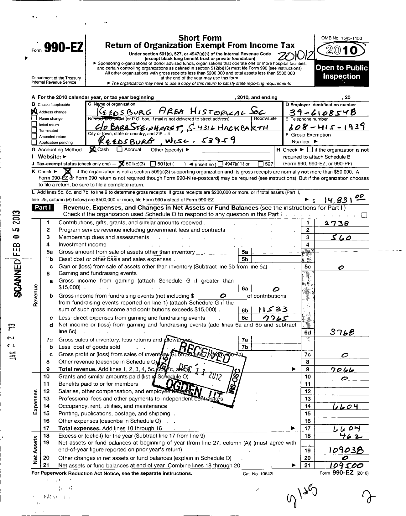 Image of first page of 2010 Form 990EZ for Reedsburg Area Historical Society